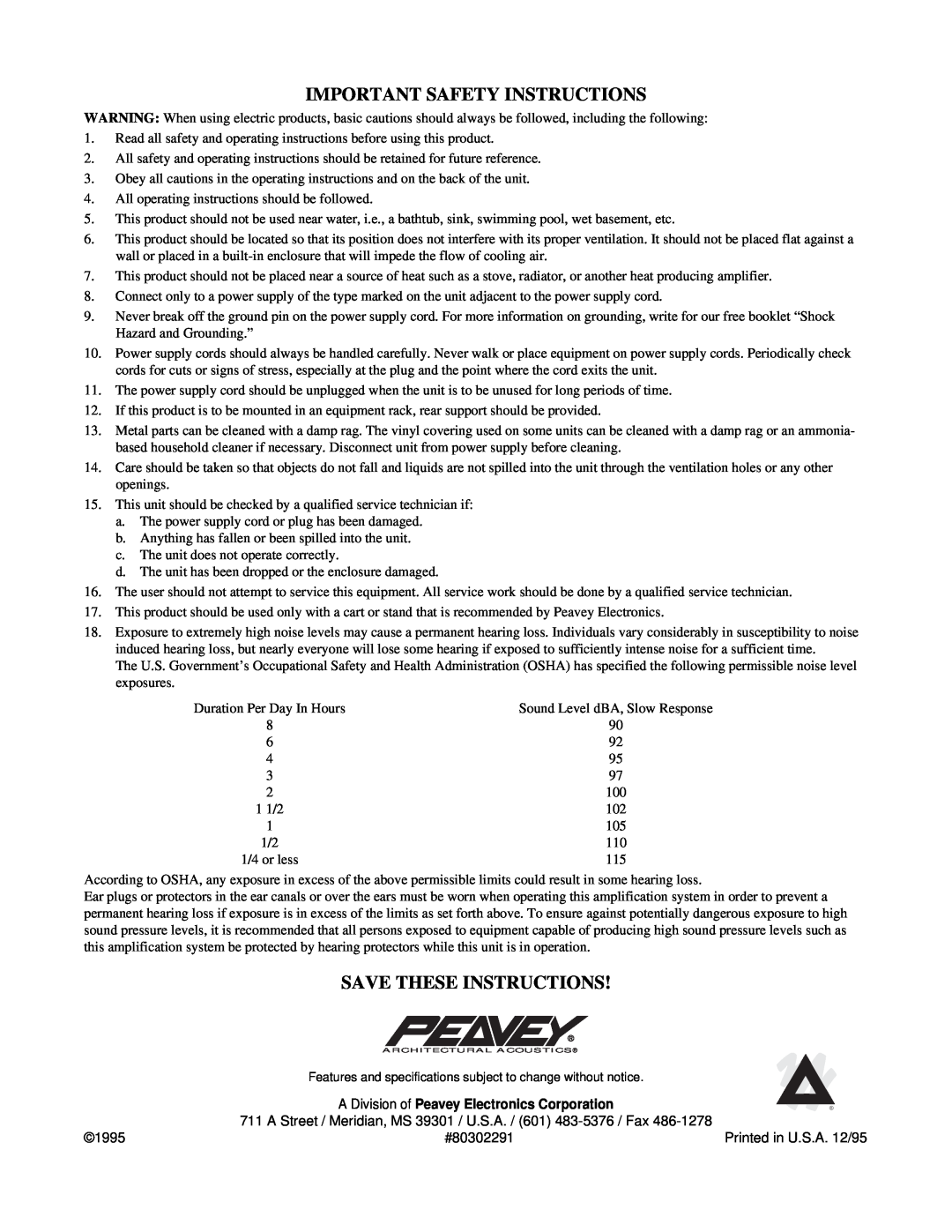 Peavey IDC 150T II manual Important Safety Instructions, Save These Instructions 