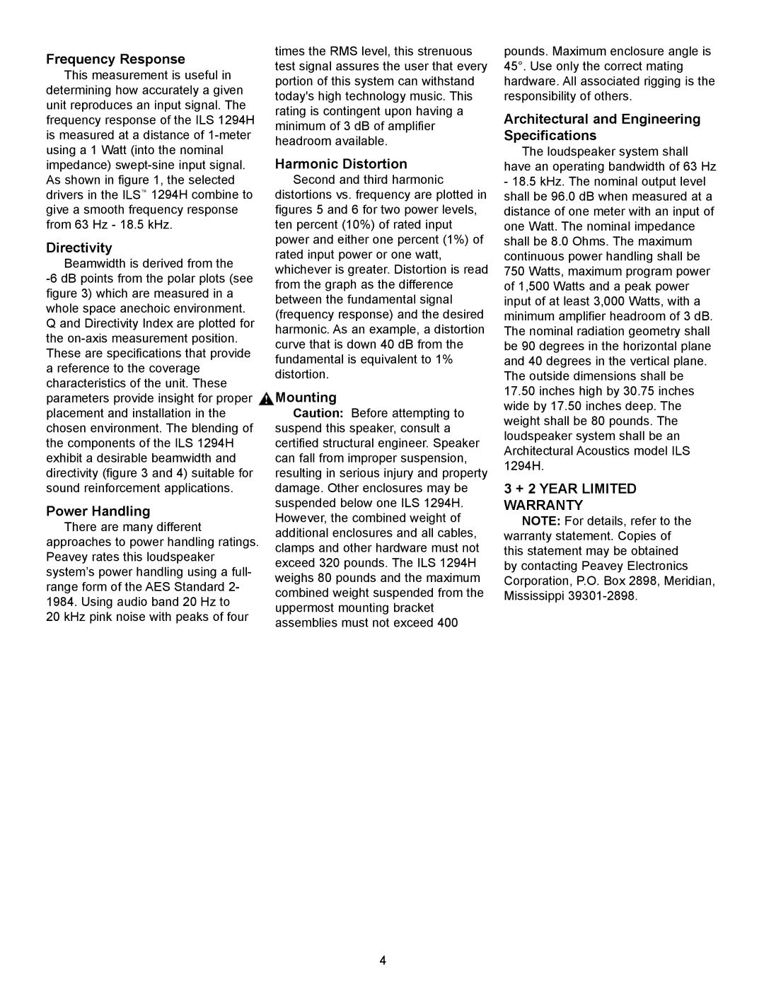 Peavey ILS 1294 H specifications Frequency Response, Directivity, Mounting, Architectural and Engineering Specifications 