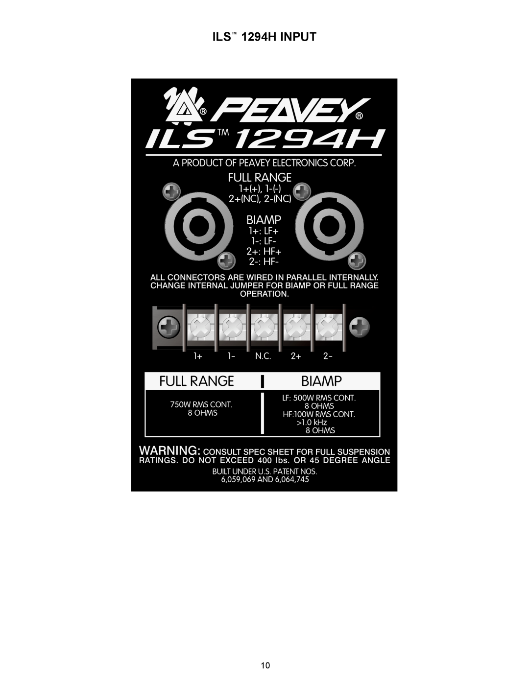 Peavey ILS 1294 H ILSTM1294H, Full Range, Biamp, ILS 1294H INPUT, A Product Of Peavey Electronics Corp, 1++, 2+ HF+, 2- HF 