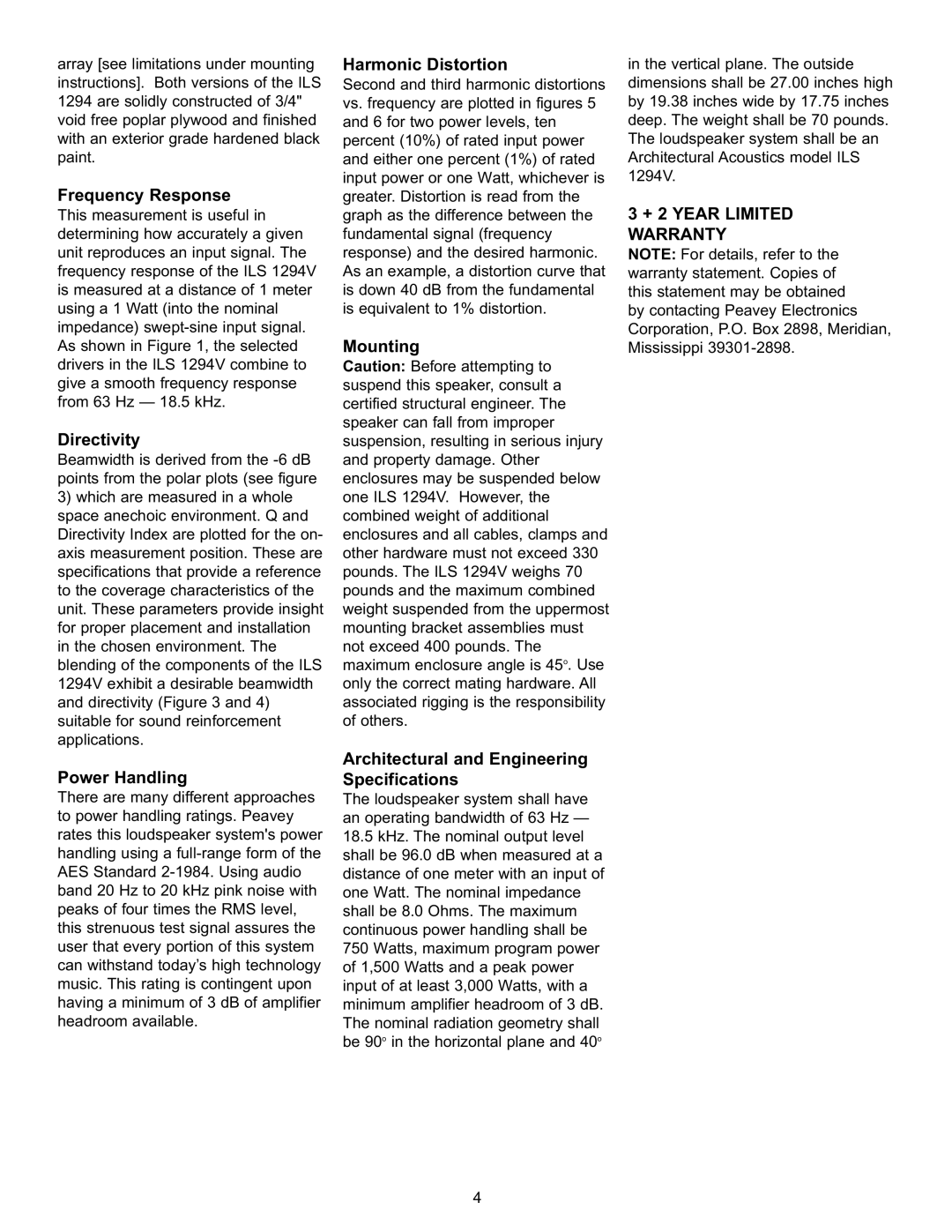 Peavey ILS 1294V specifications Frequency Response, Directivity, Power Handling, Harmonic Distortion 