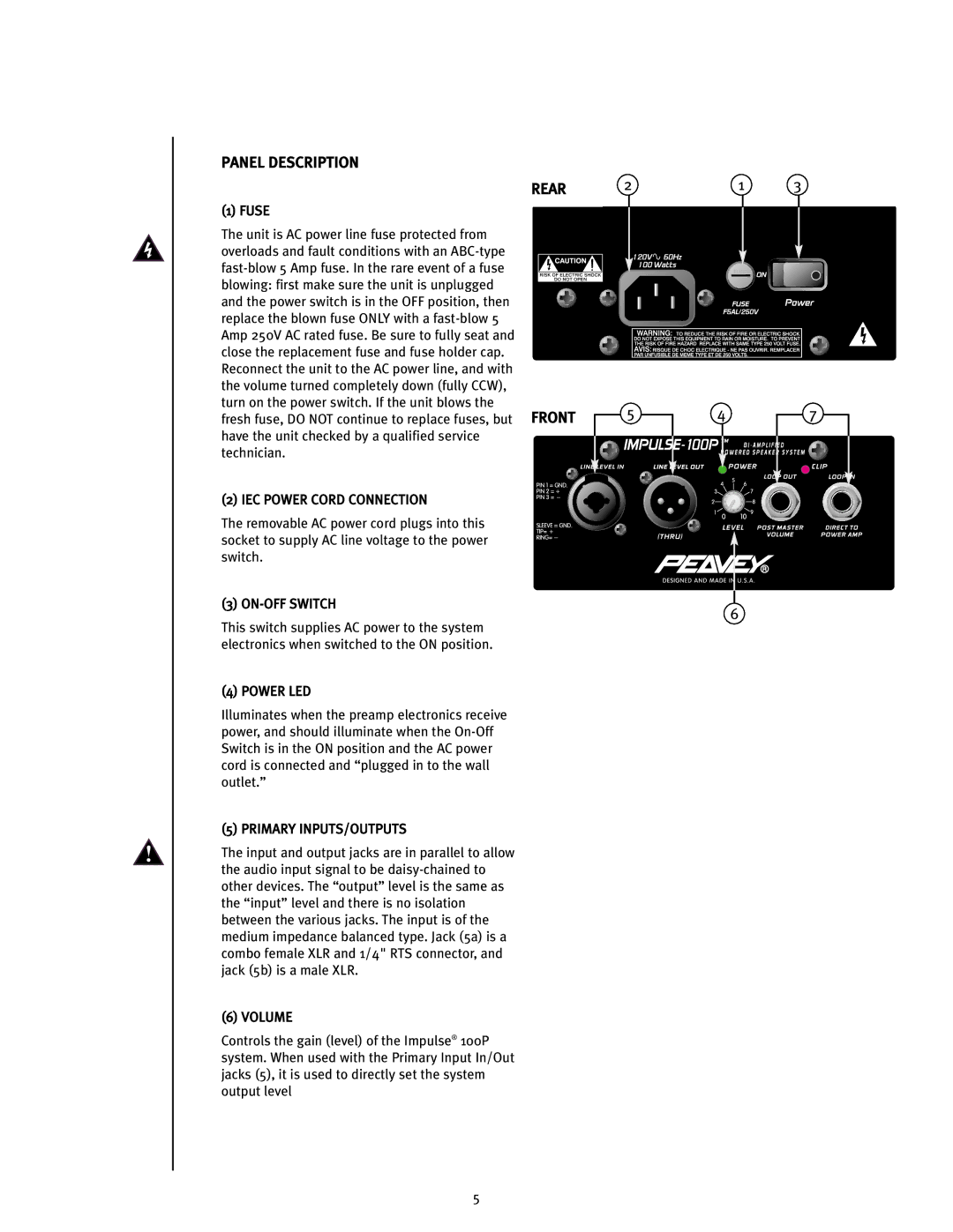 Peavey Impulse 100P operation manual IEC Power Cord Connection, ON-OFF Switch, Power LED, Primary INPUTS/OUTPUTS, Volume 