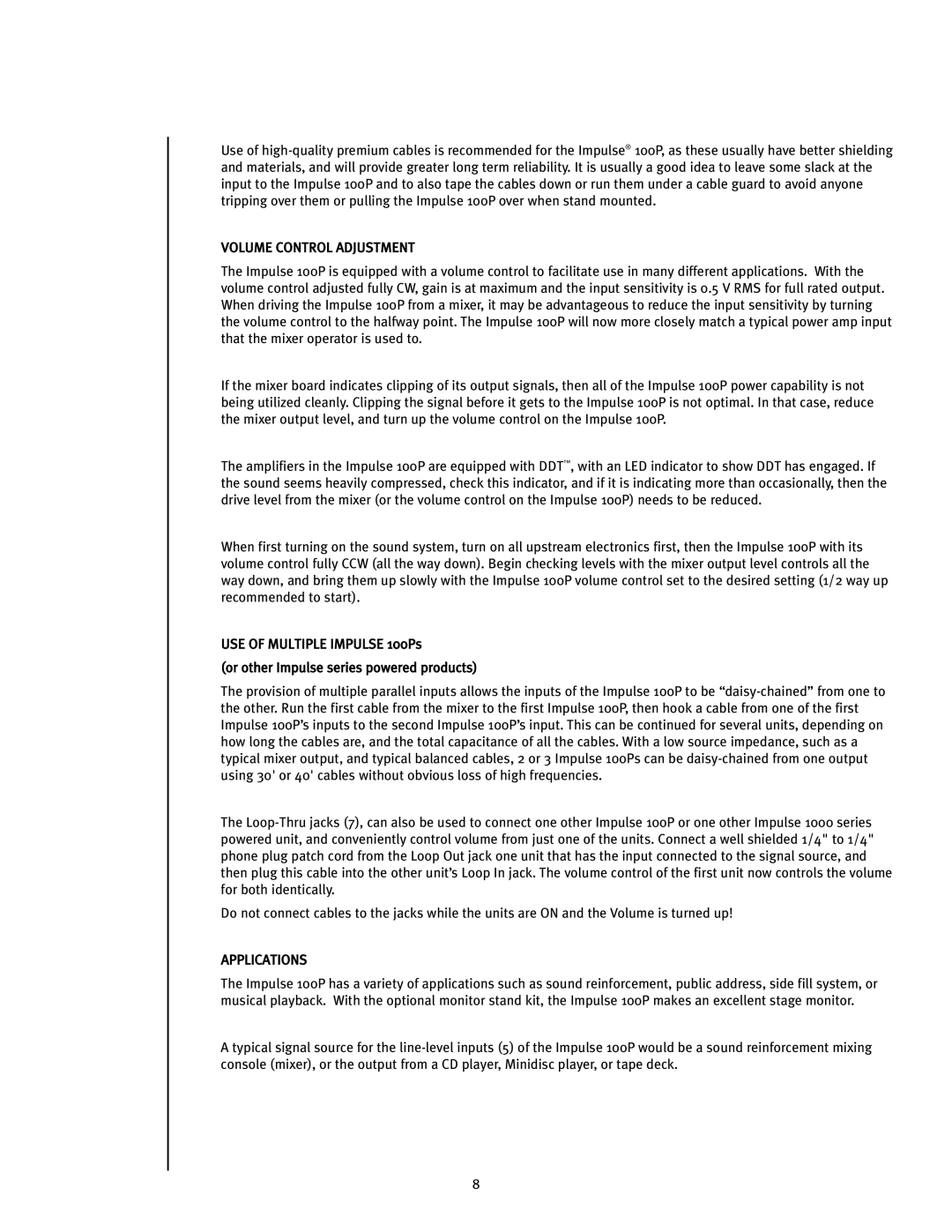 Peavey Impulse 100P operation manual Volume Control Adjustment, Applications 