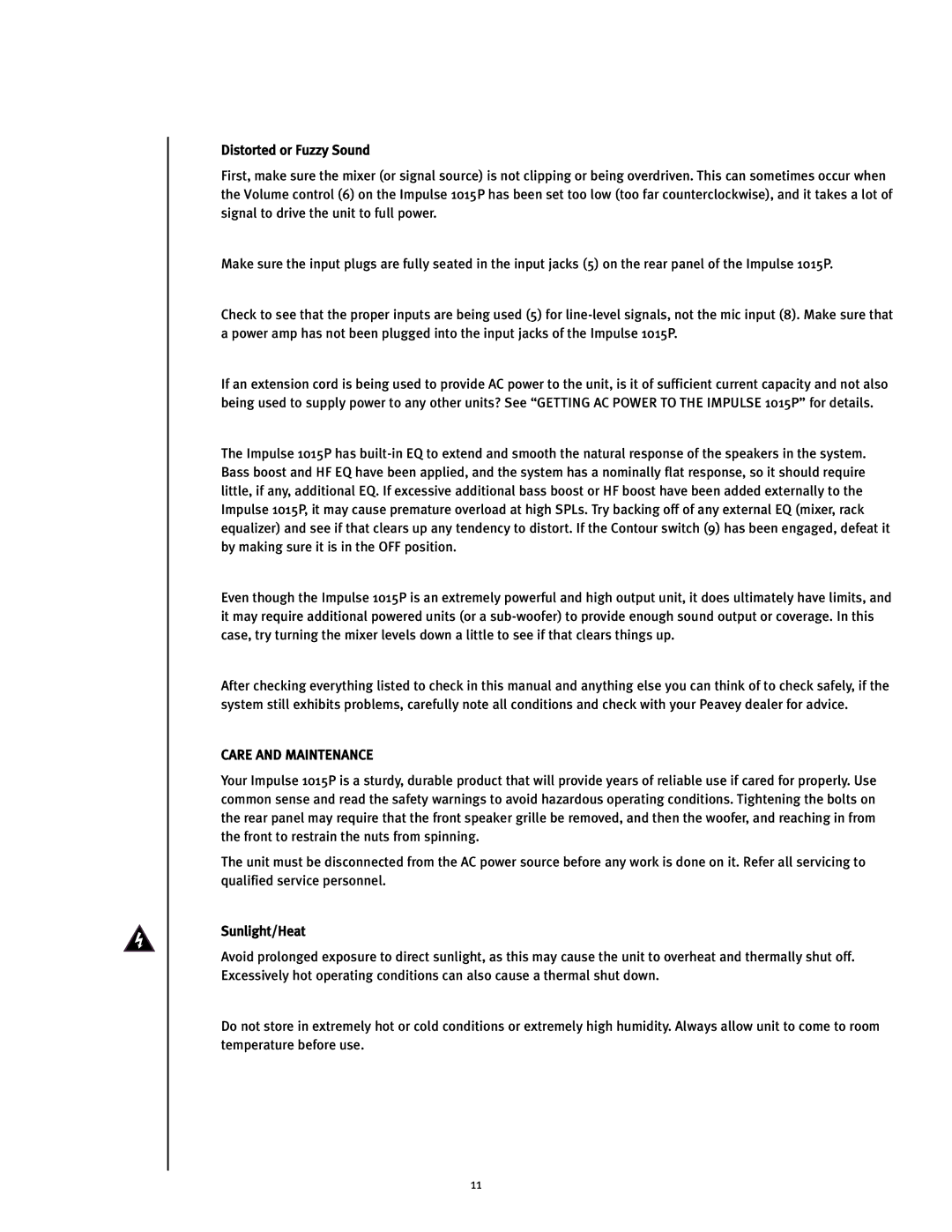 Peavey Impulse 1015P operation manual Care and Maintenance 