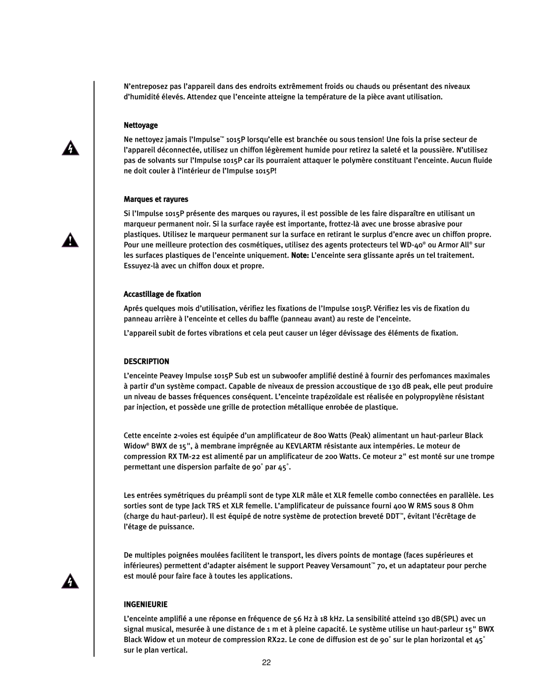 Peavey Impulse 1015P operation manual Description, Ingenieurie 