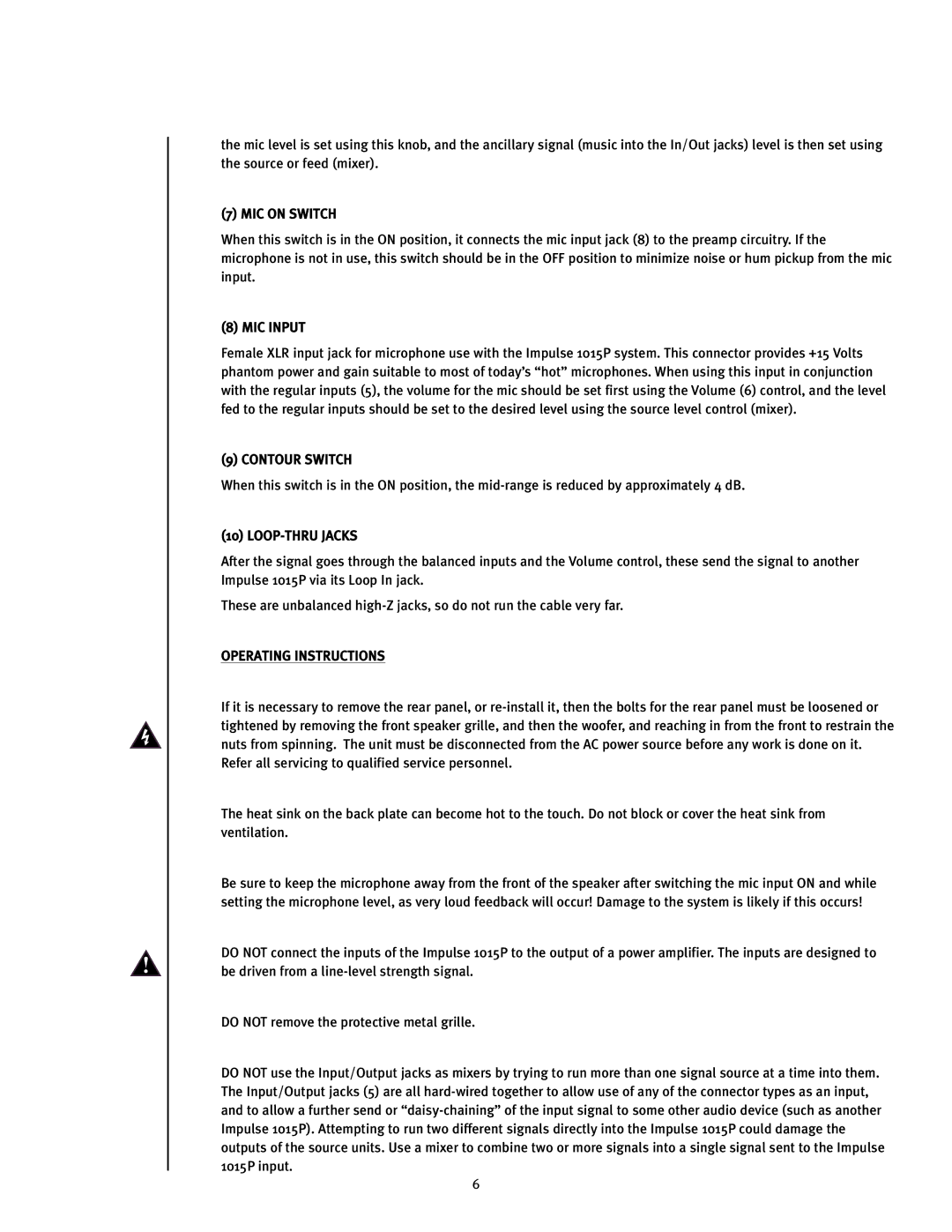 Peavey Impulse 1015P operation manual MIC on Switch, MIC Input, Contour Switch, LOOP-THRU Jacks, Operating Instructions 