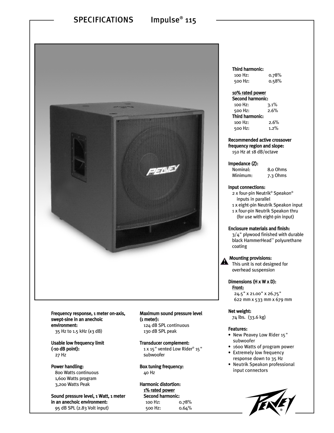 Peavey Impulse 115 specifications Specifications 