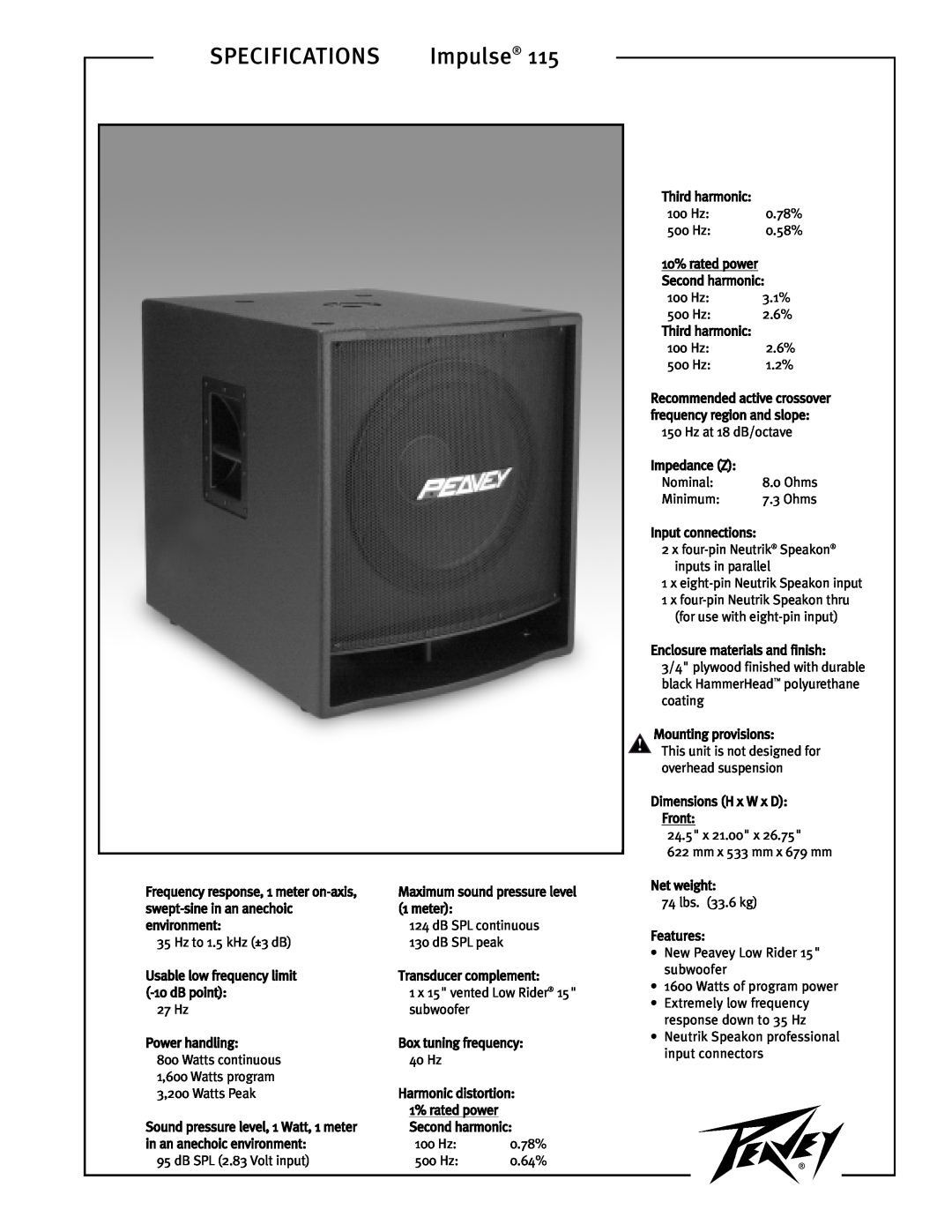 Peavey Impulse 115 specifications Specifications 
