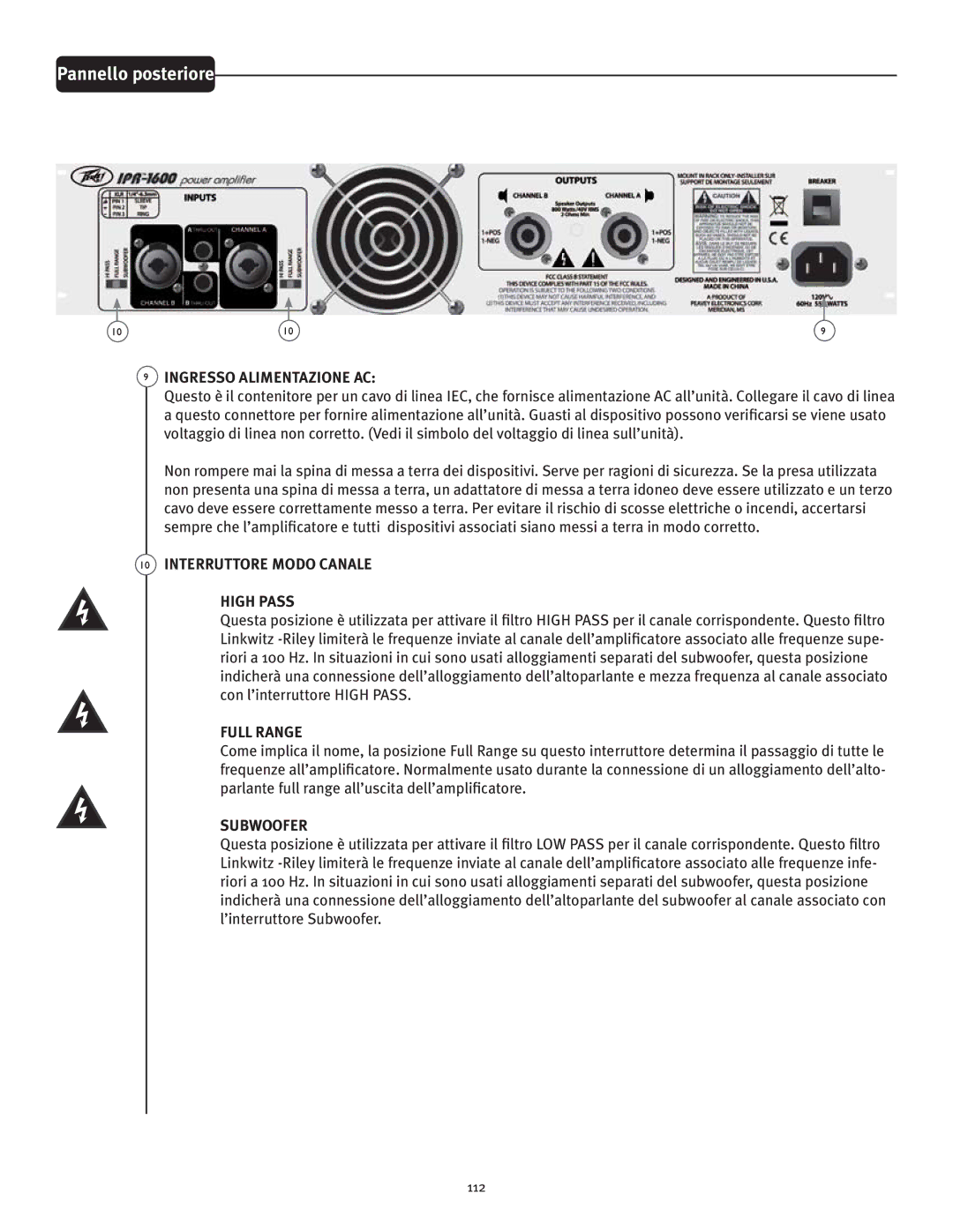 Peavey IPR 3000, IPR 6000, IPR 4500 manual Pannello posteriore, Ingresso Alimentazione AC, Interruttore Modo Canale High Pass 