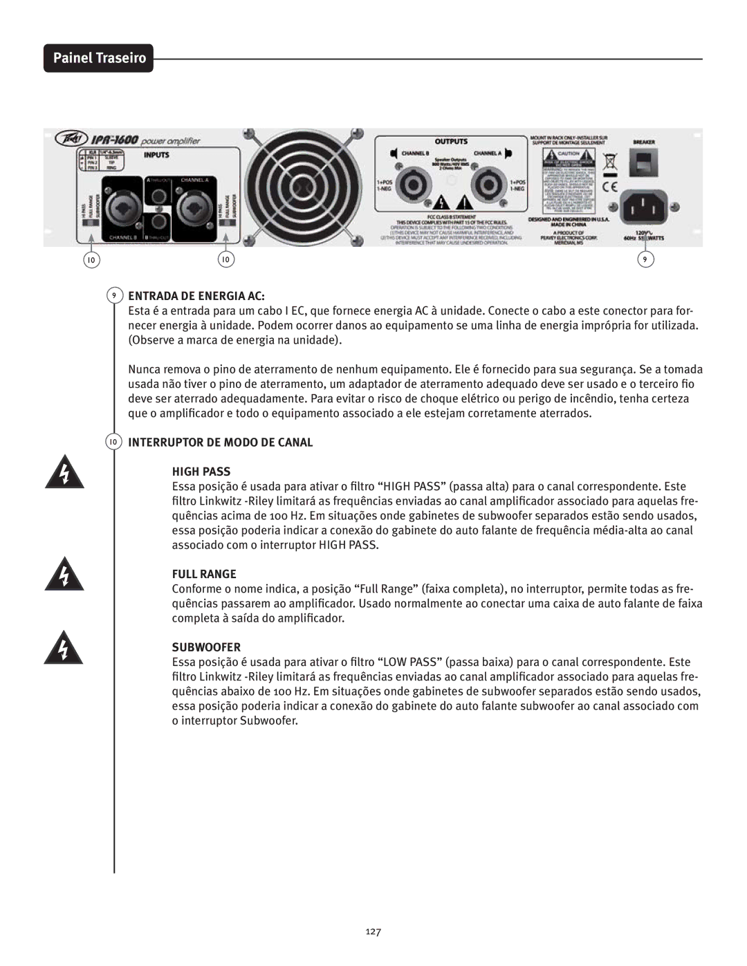 Peavey IPR 1600, IPR 3000, IPR 6000, IPR 4500 manual Painel Traseiro, Interruptor DE Modo DE Canal High Pass 