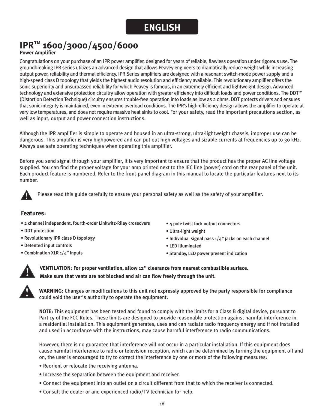 Peavey IPR 3000, IPR 6000, IPR 4500, IPR 1600 manual English, Power Amplifier 