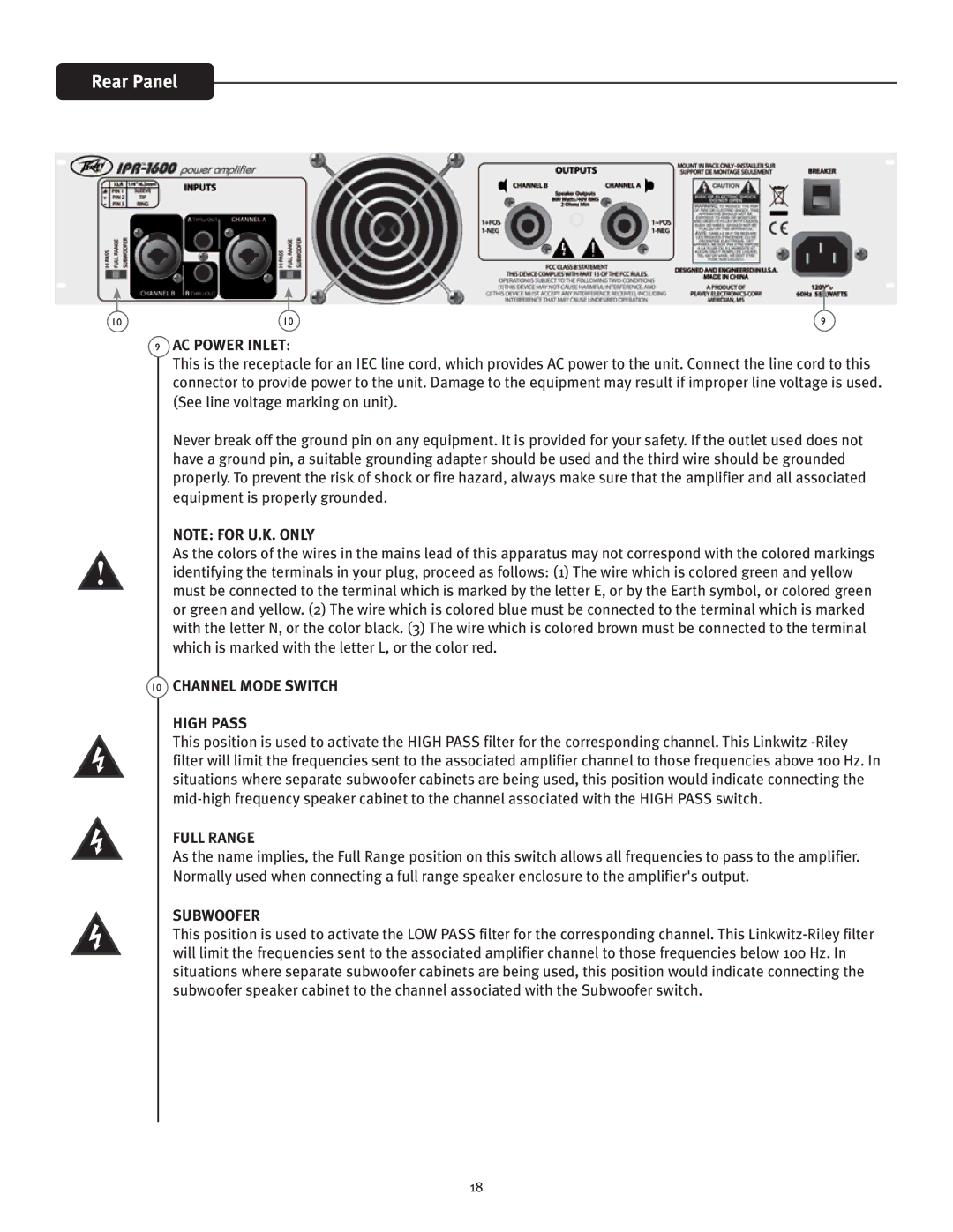Peavey IPR 4500, IPR 3000, IPR 6000 manual Rear Panel, AC Power Inlet, Channel Mode Switch High Pass, Full Range, Subwoofer 