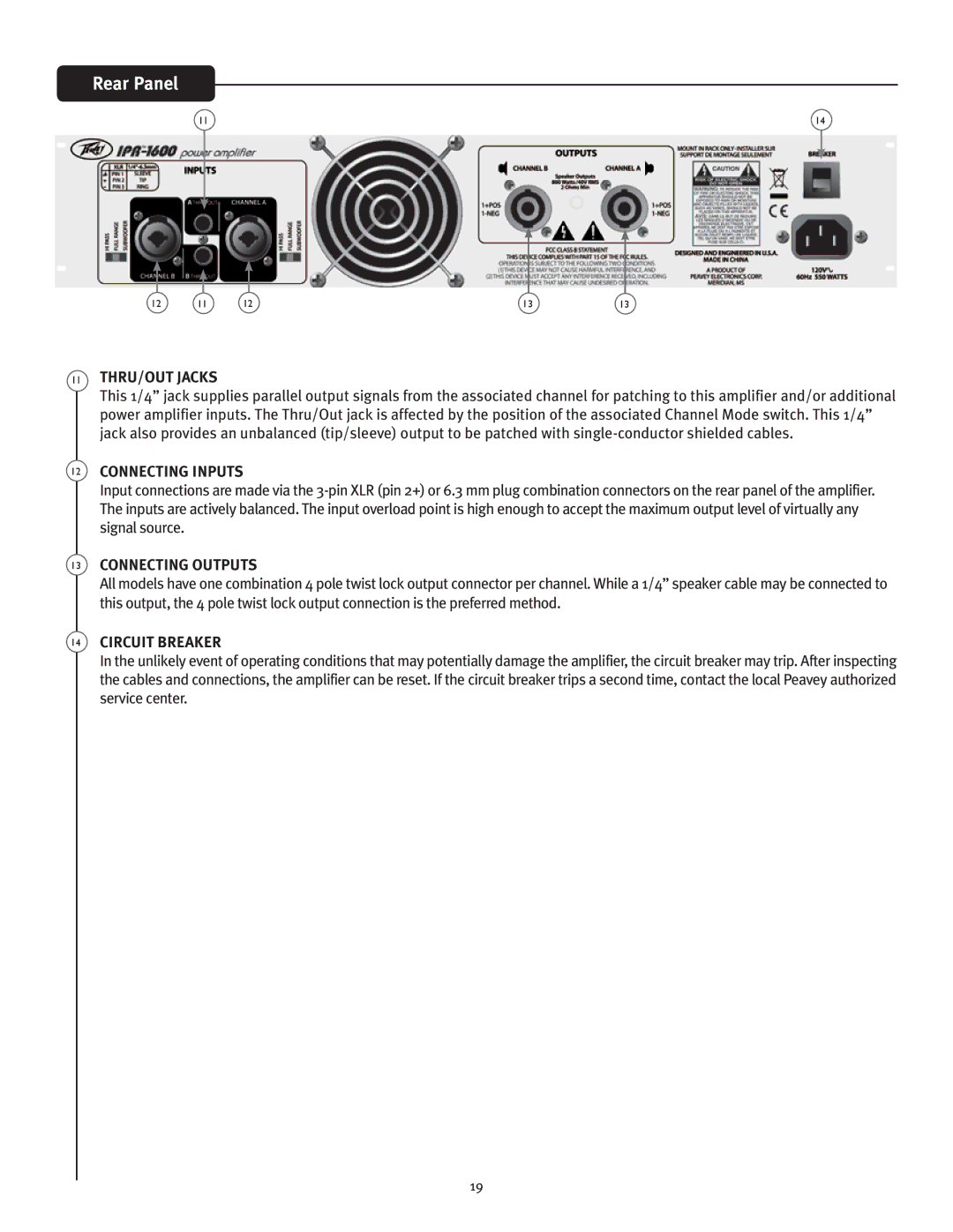 Peavey IPR 1600, IPR 3000, IPR 6000, IPR 4500 manual THRU/OUT Jacks, Connecting Inputs, Connecting Outputs, Circuit Breaker 