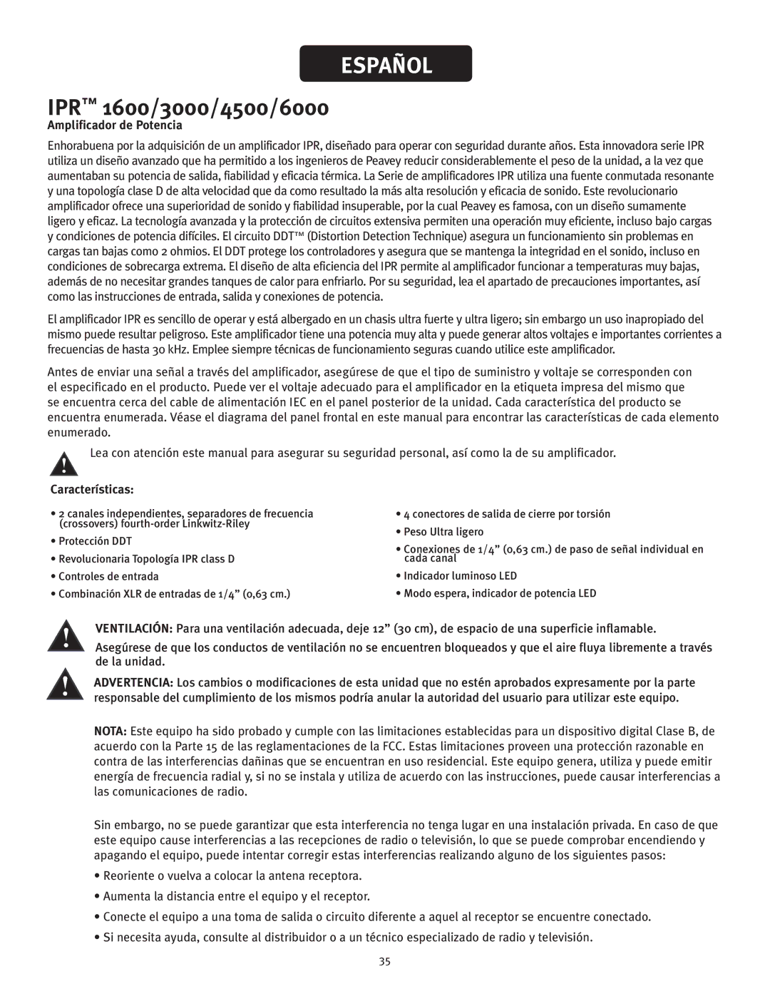 Peavey IPR 1600, IPR 3000, IPR 6000, IPR 4500 manual Amplificador de Potencia, Características 