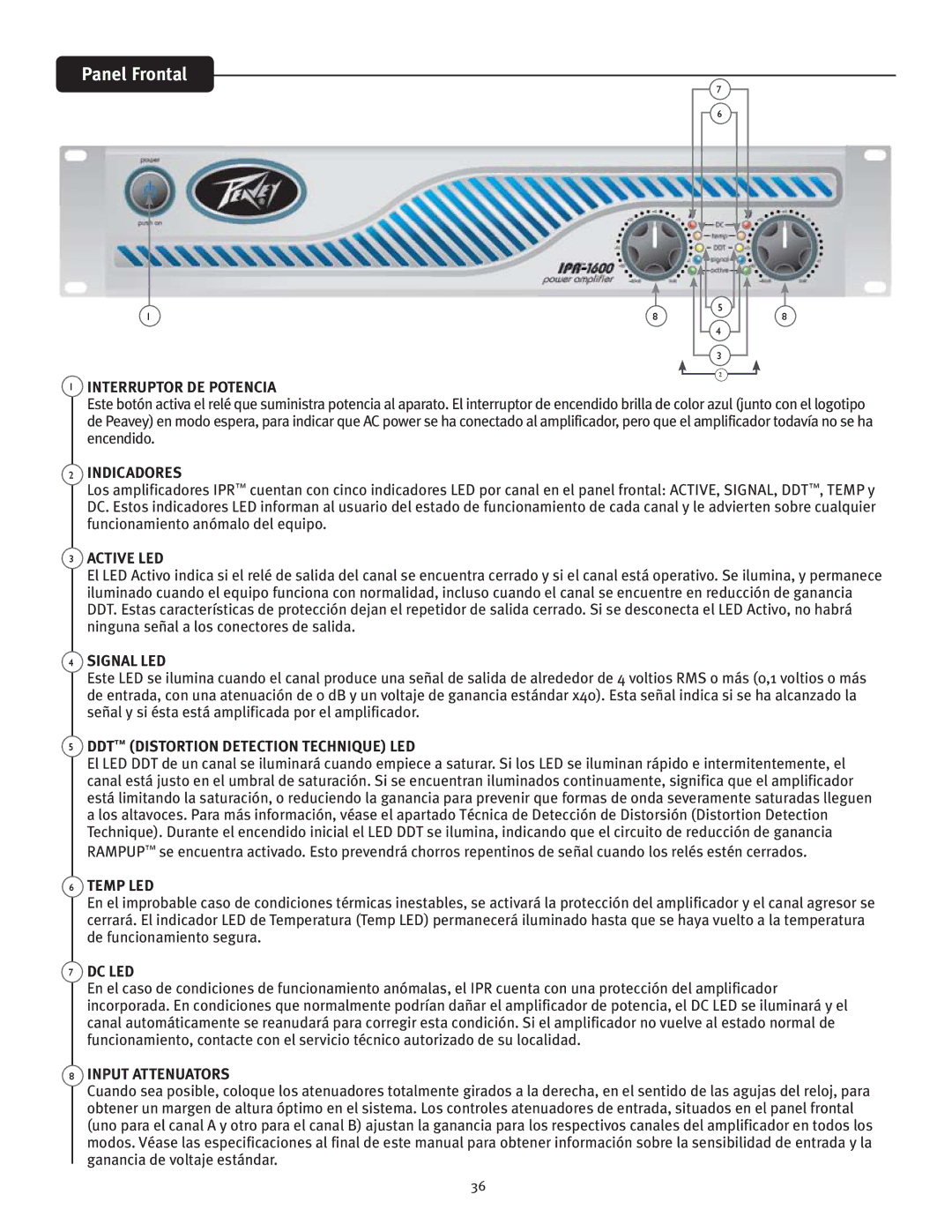 Peavey IPR 3000, IPR 6000, IPR 4500, IPR 1600 manual Panel Frontal, Interruptor DE Potencia, Indicadores 