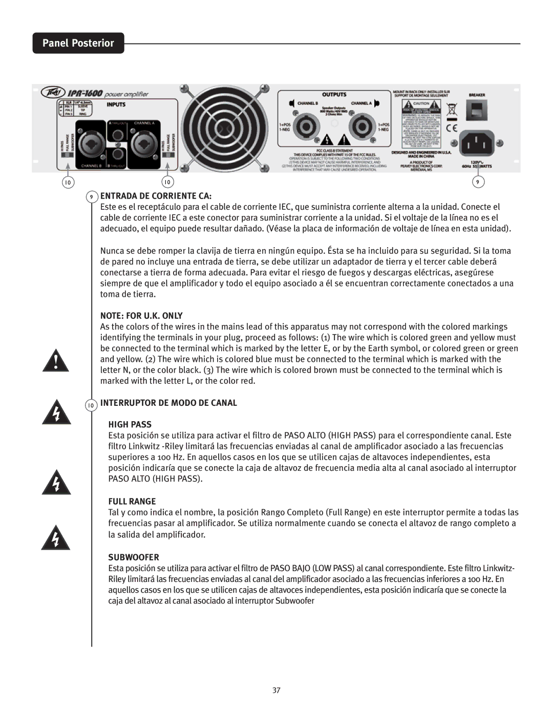 Peavey IPR 6000, IPR 3000, IPR 4500 manual Panel Posterior, Entrada DE Corriente CA, Interruptor DE Modo DE Canal High Pass 