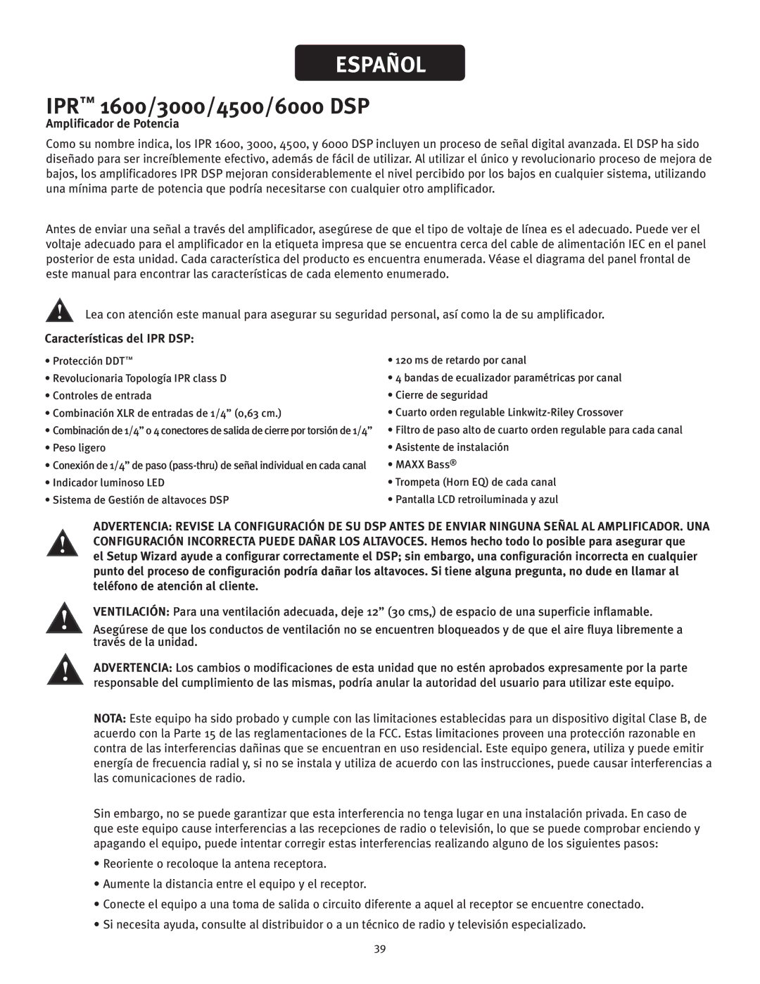 Peavey IPR 1600, IPR 3000, IPR 6000, IPR 4500 manual Amplificador de Potencia, Características del IPR DSP 