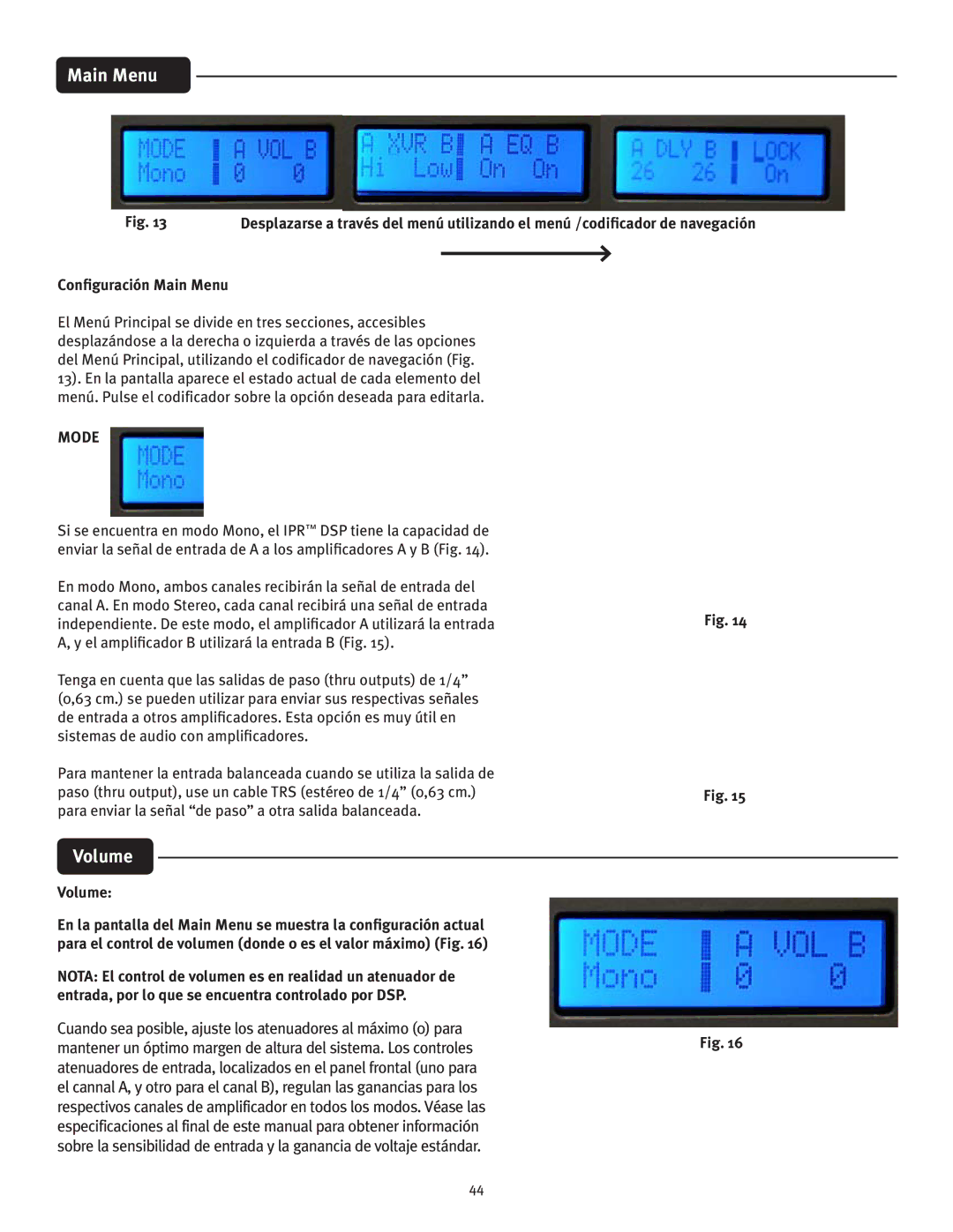 Peavey IPR 3000, IPR 6000, IPR 4500, IPR 1600 manual Configuración Main Menu, Volume 