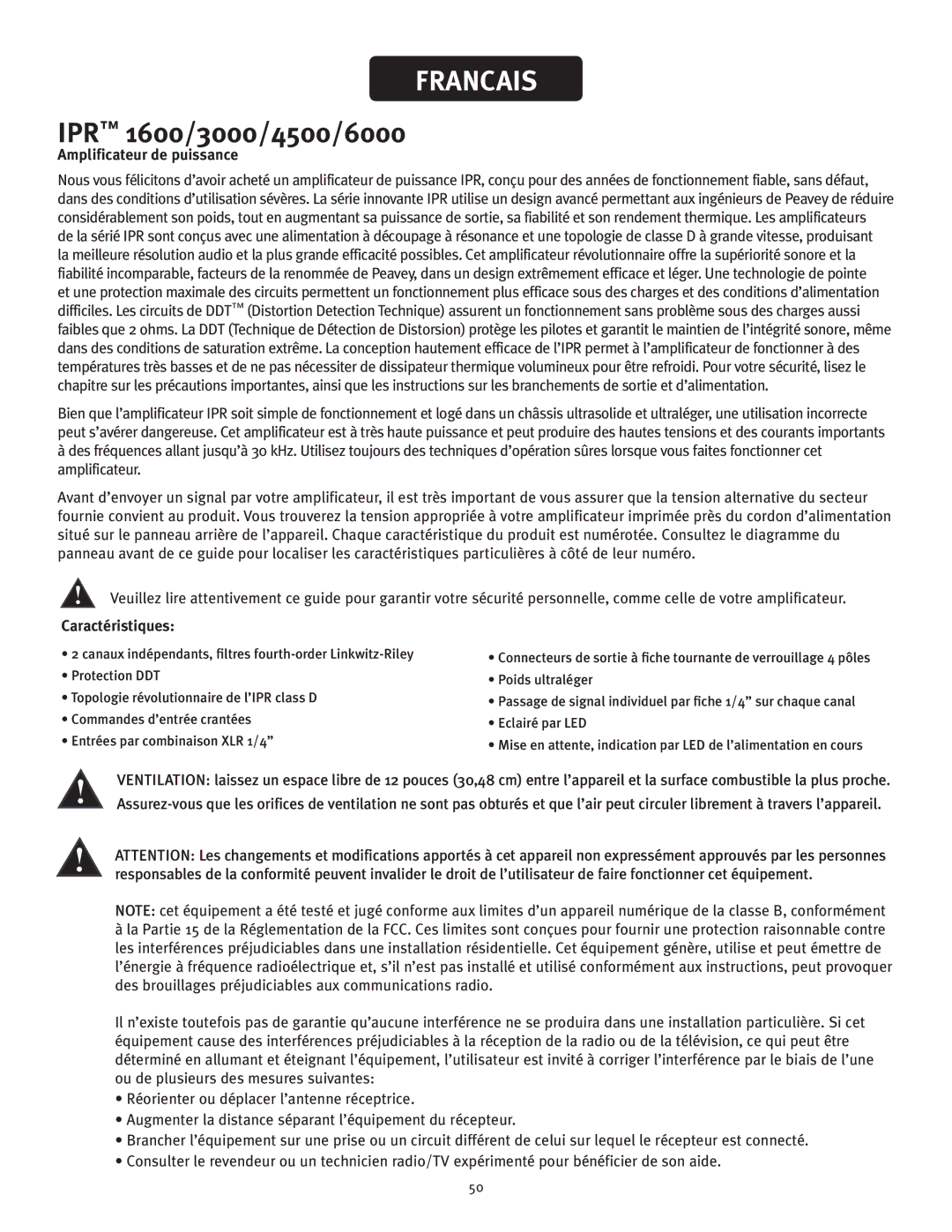 Peavey IPR 4500, IPR 3000, IPR 6000, IPR 1600 manual Amplificateur de puissance, Caractéristiques 