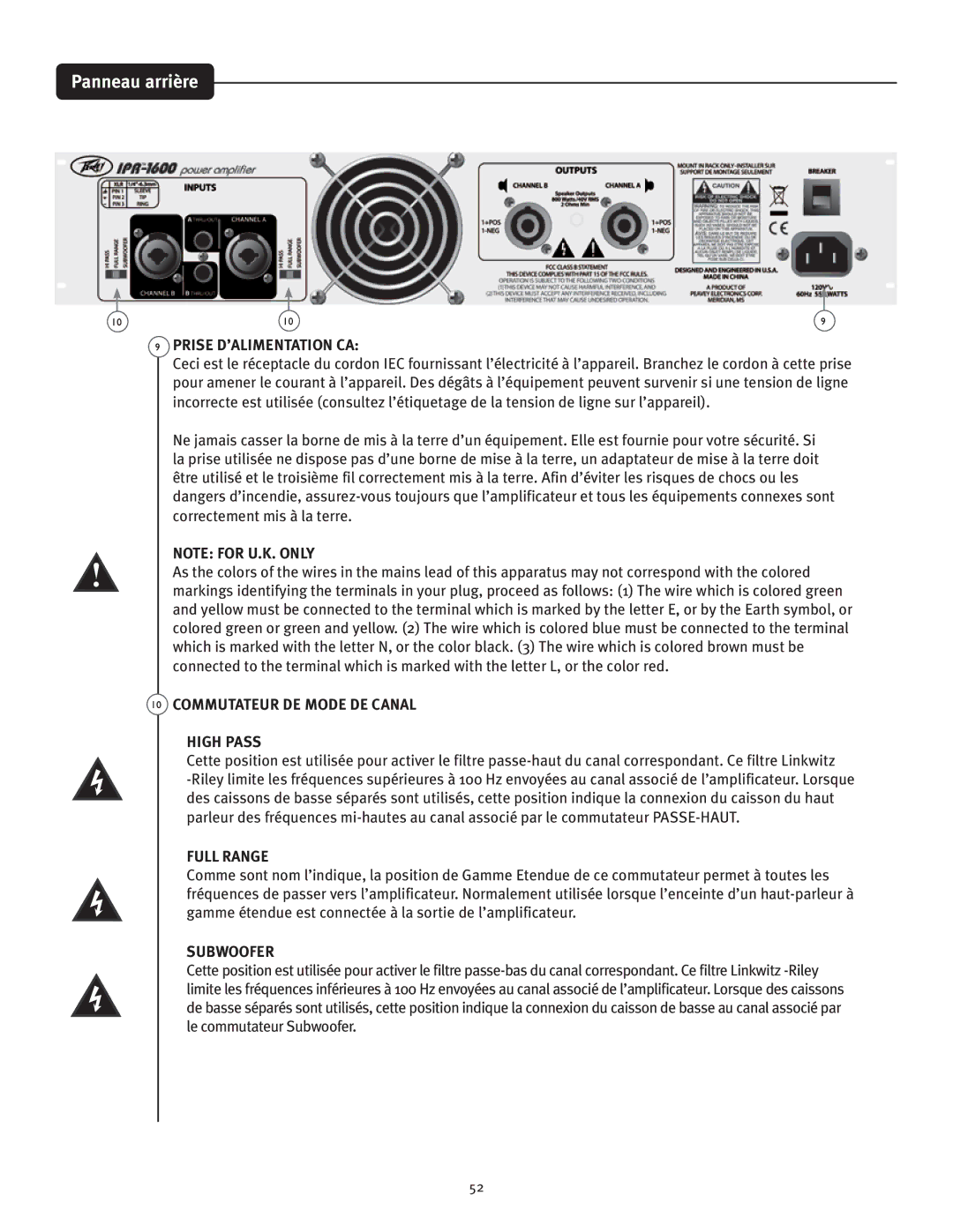 Peavey IPR 3000, IPR 6000, IPR 4500 manual Panneau arrière, Prise D’ALIMENTATION CA, Commutateur DE Mode DE Canal High Pass 