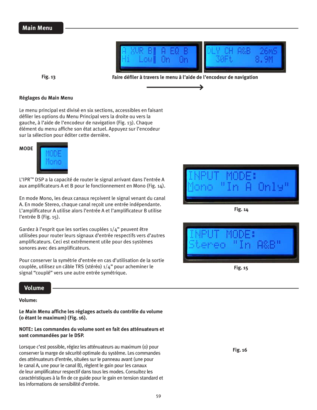 Peavey IPR 1600, IPR 3000, IPR 6000, IPR 4500 manual Réglages du Main Menu 