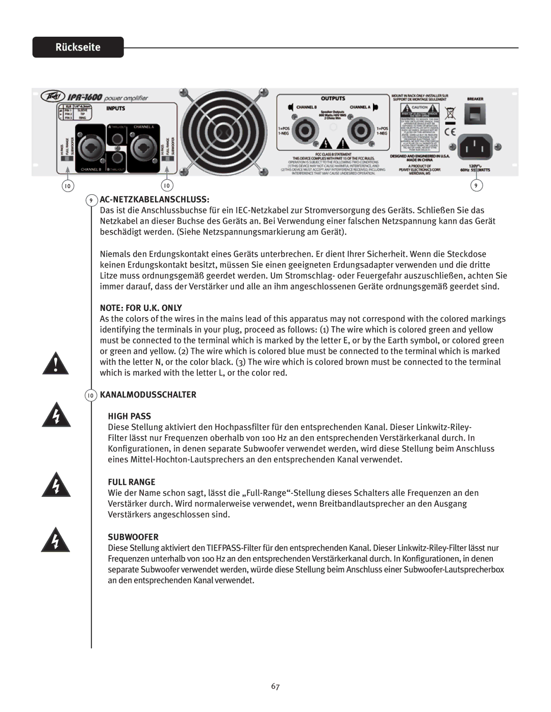 Peavey IPR 1600, IPR 3000, IPR 6000, IPR 4500 manual Rückseite, Ac-Netzkabelanschluss, Kanalmodusschalter High Pass 