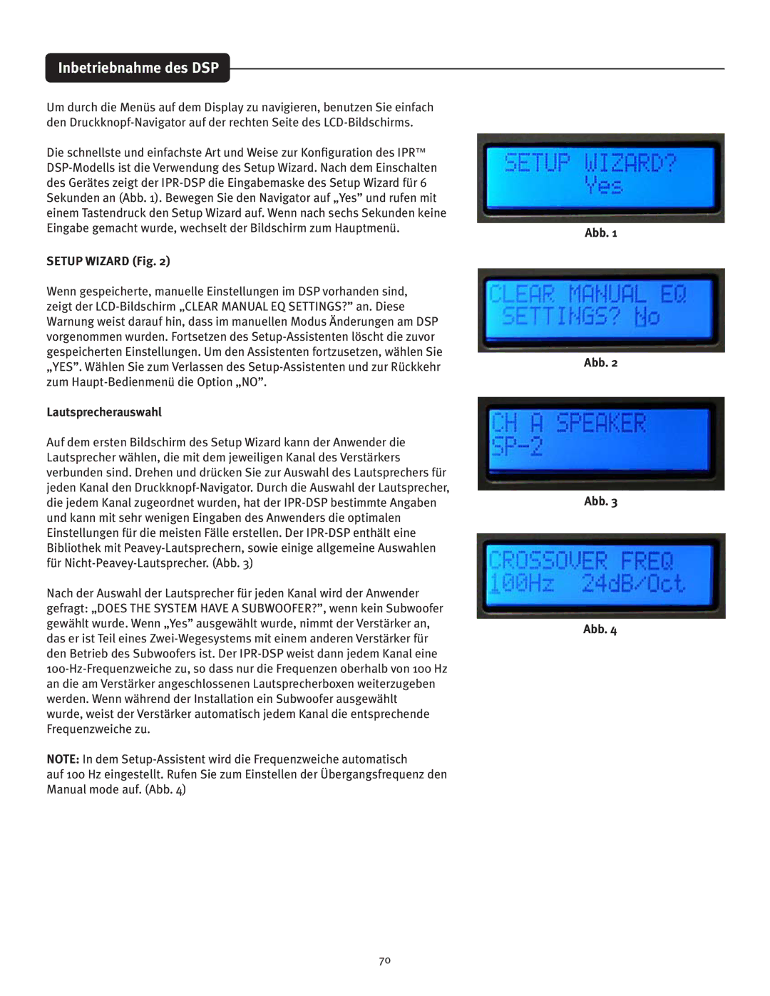 Peavey IPR 4500, IPR 3000, IPR 6000, IPR 1600 manual Inbetriebnahme des DSP, Lautsprecherauswahl, Abb 