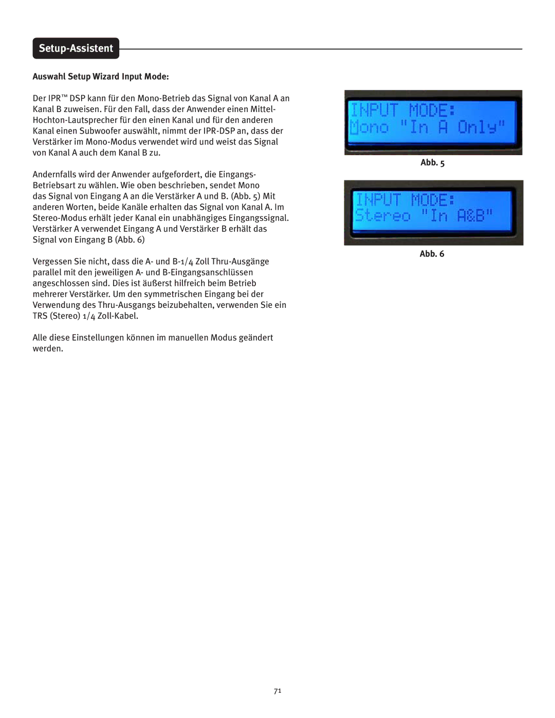 Peavey IPR 1600, IPR 3000, IPR 6000, IPR 4500 manual Setup-Assistent, Auswahl Setup Wizard Input Mode 