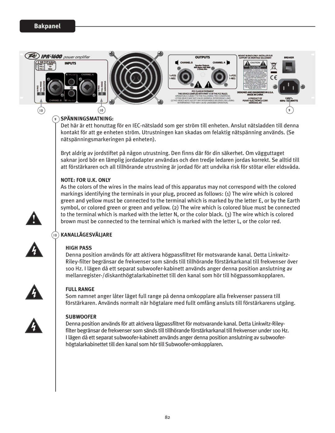 Peavey IPR 4500, IPR 3000, IPR 6000, IPR 1600 manual Bakpanel, Spänningsmatning, Kanallägesväljare High Pass 