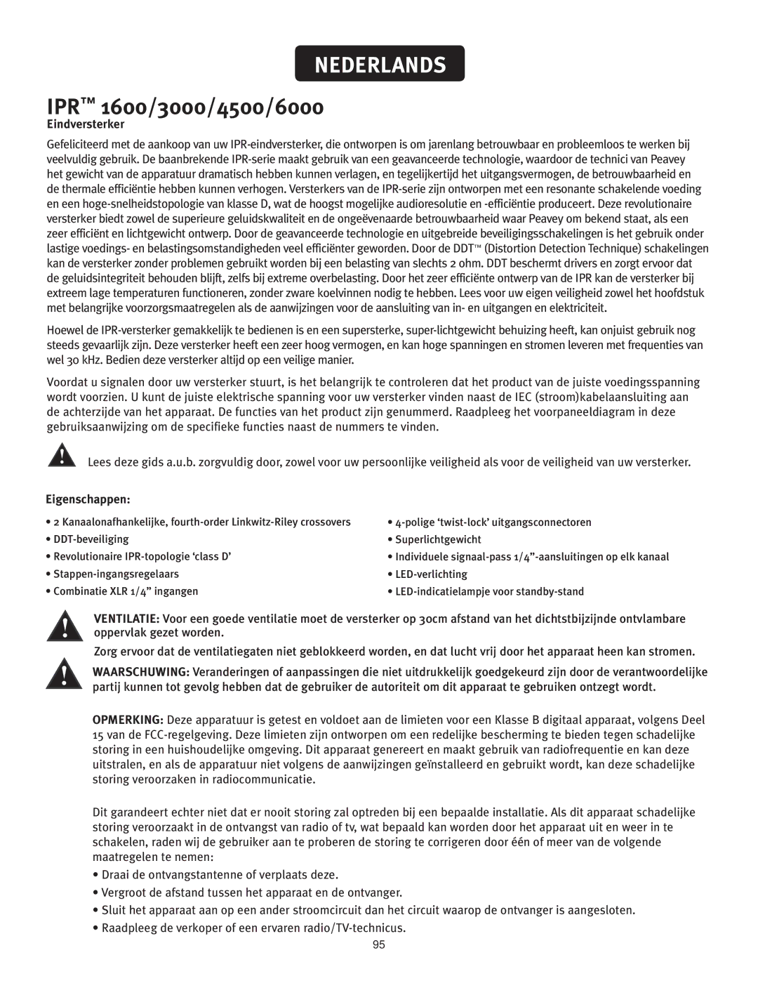 Peavey IPR 1600, IPR 3000, IPR 6000, IPR 4500 manual Eindversterker, Eigenschappen 