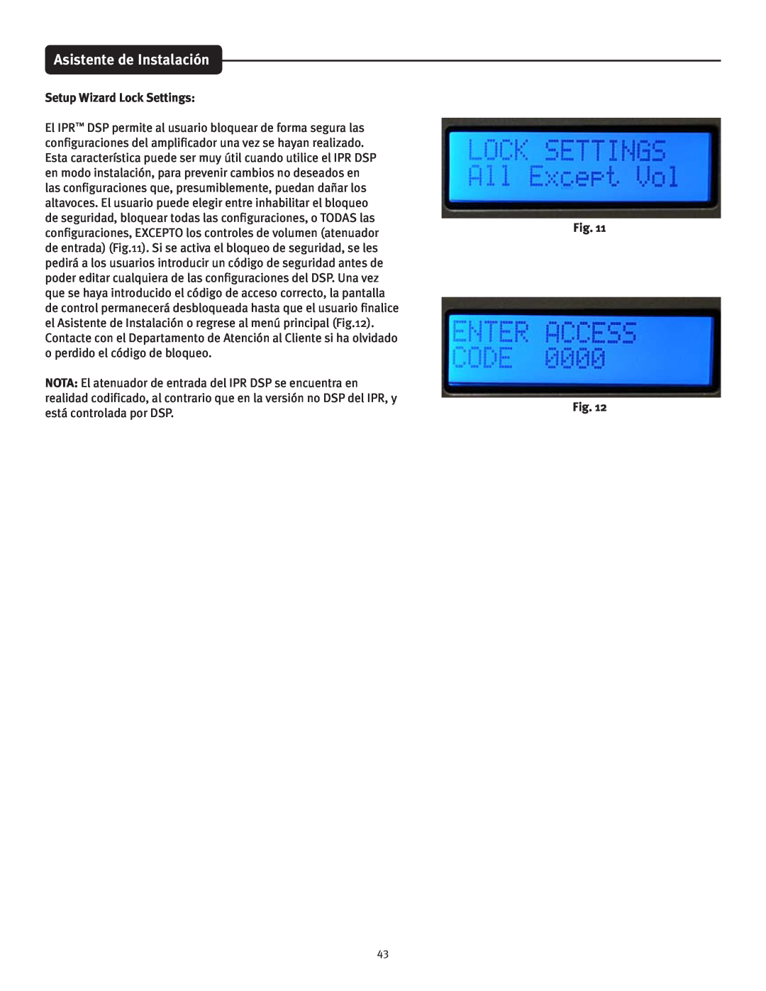 Peavey IPR 1600, IPR 3000, IPR 6000, IPR 4500 manual Asistente de Instalación, Setup Wizard Lock Settings 