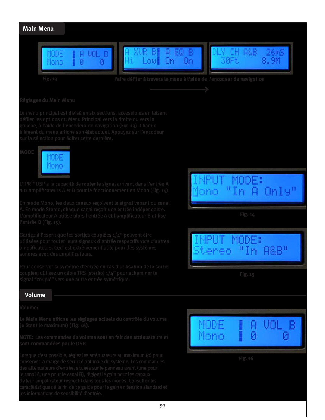 Peavey IPR 1600, IPR 3000, IPR 6000, IPR 4500 manual Volume, Réglages du Main Menu, Mode 