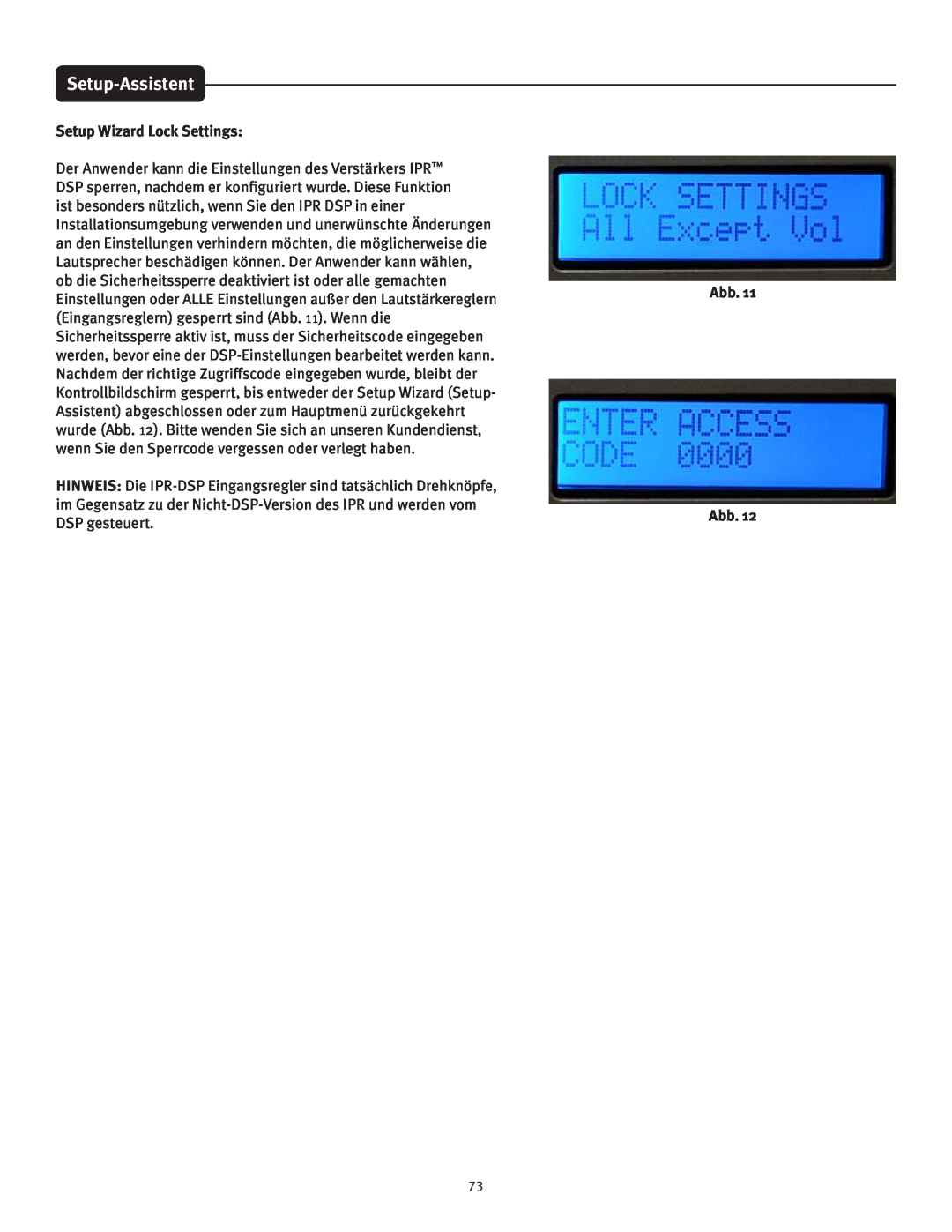Peavey IPR 6000, IPR 3000, IPR 4500, IPR 1600 manual Setup-Assistent, Setup Wizard Lock Settings, Abb Abb 