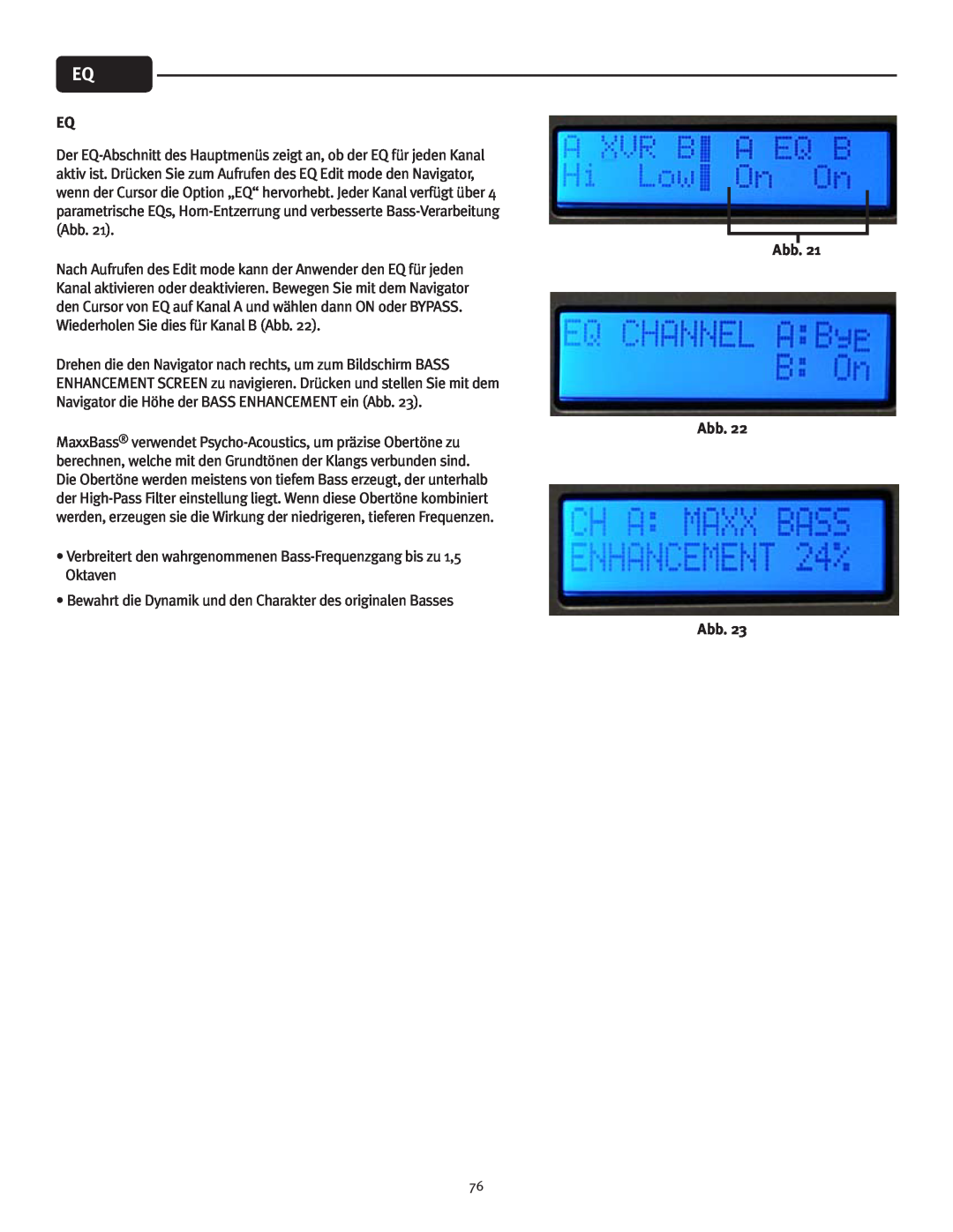 Peavey IPR 3000, IPR 6000, IPR 4500, IPR 1600 manual Drehen die den Navigator nach rechts, um zum Bildschirm BASS, Abb Abb 