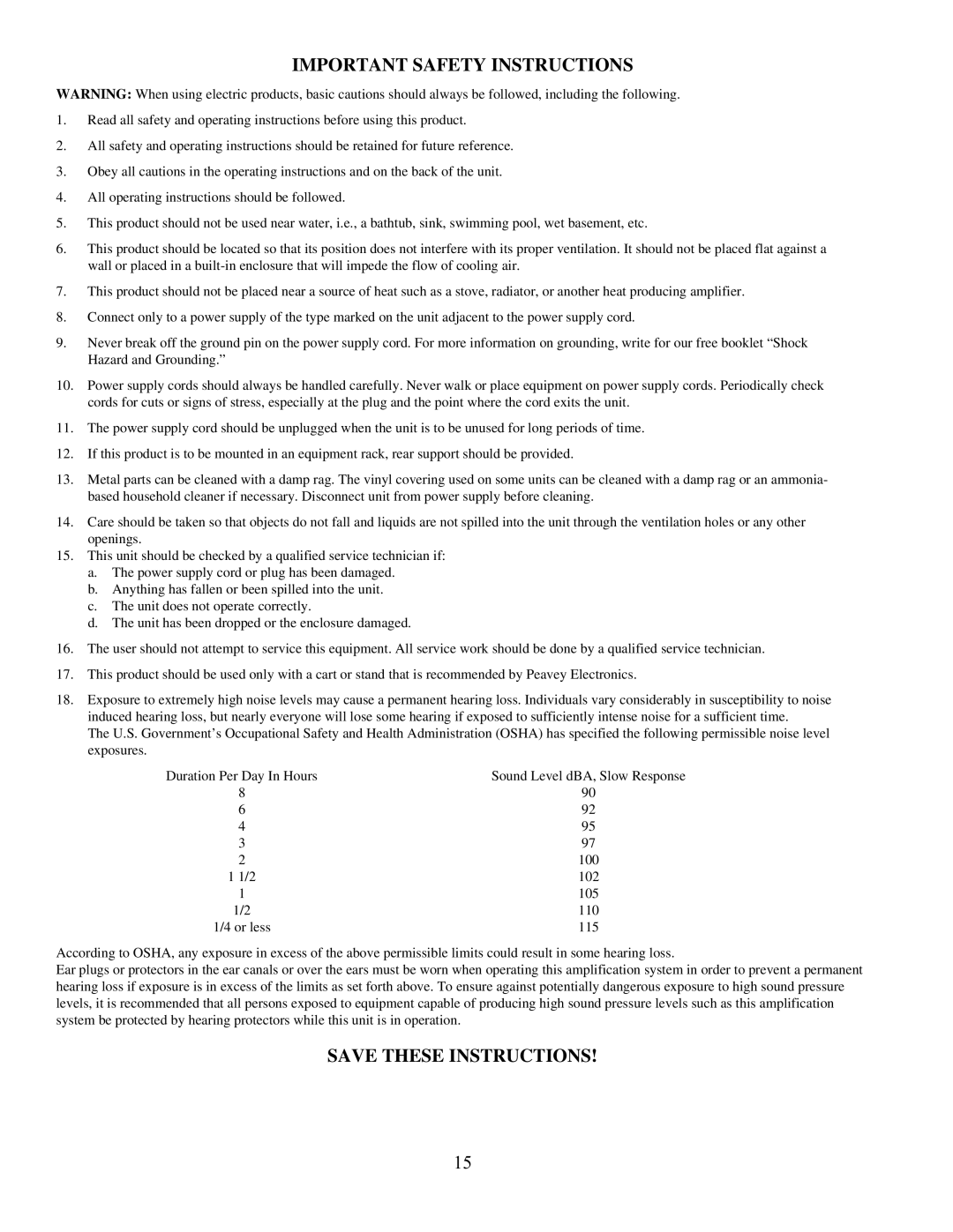 Peavey IRM 8150 manual Important Safety Instructions 