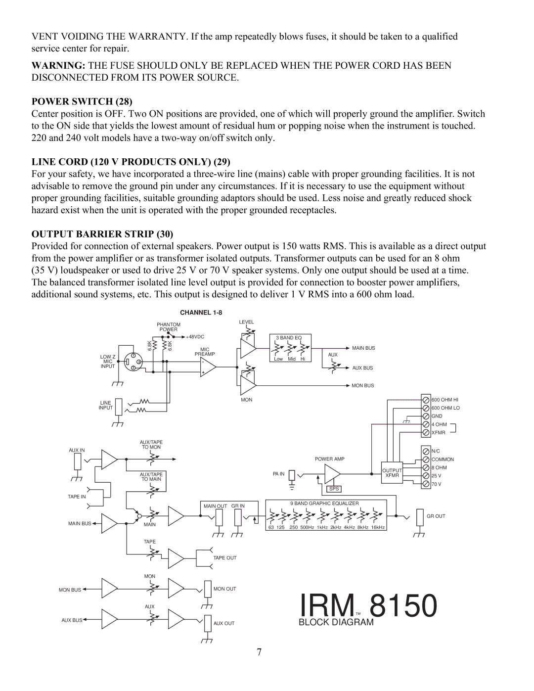 Peavey IRM 8150 manual Power Switch, Line Cord 120 V Products only, Output Barrier Strip 