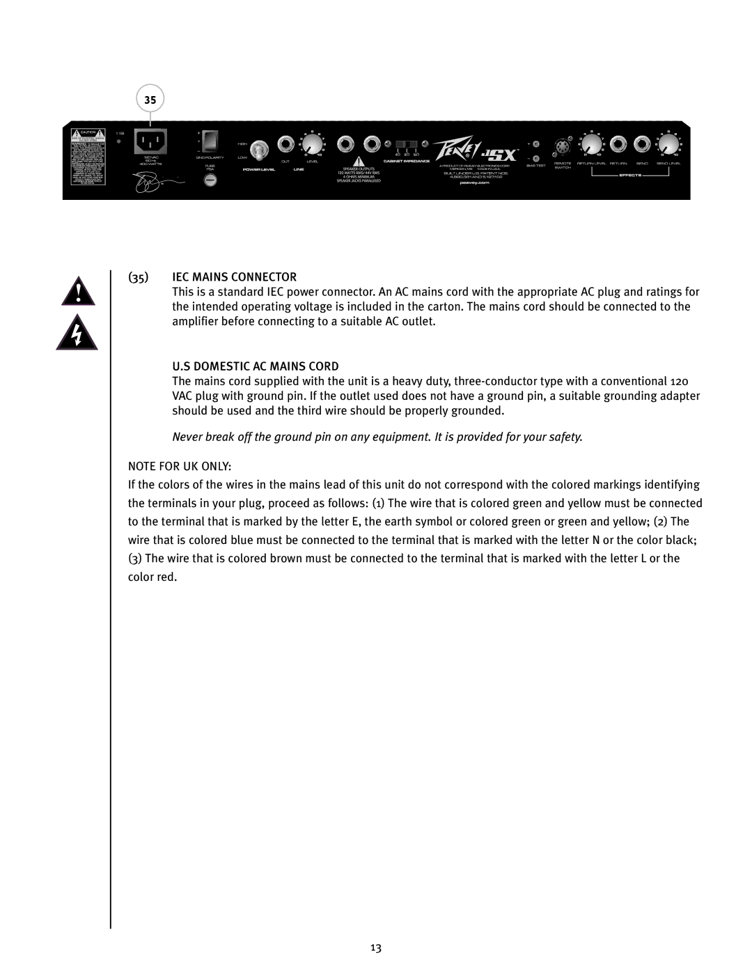 Peavey JSX 212 manual IEC Mains Connector, Domestic AC Mains Cord 