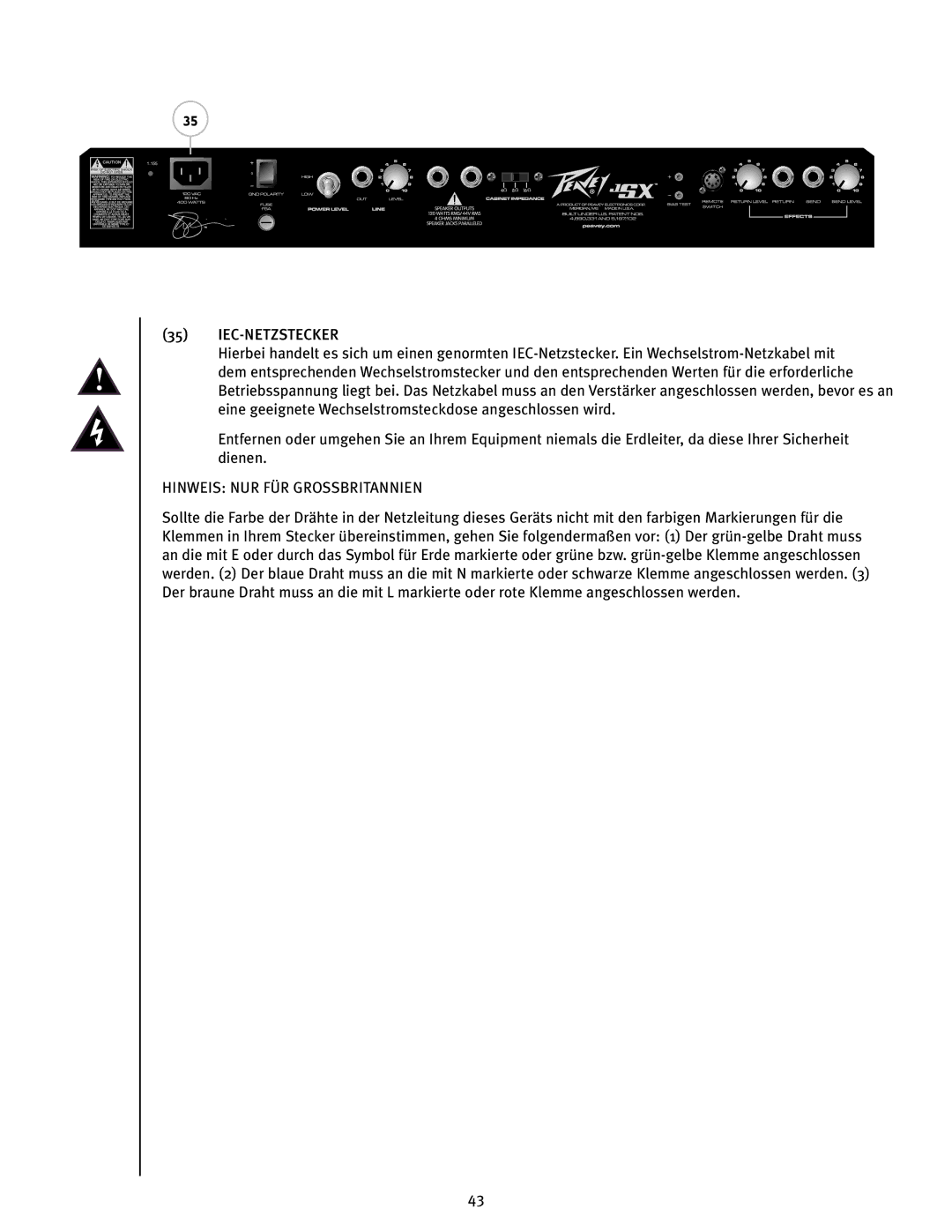 Peavey JSX 212 manual Iec-Netzstecker, Hinweis NUR FÜR Grossbritannien 