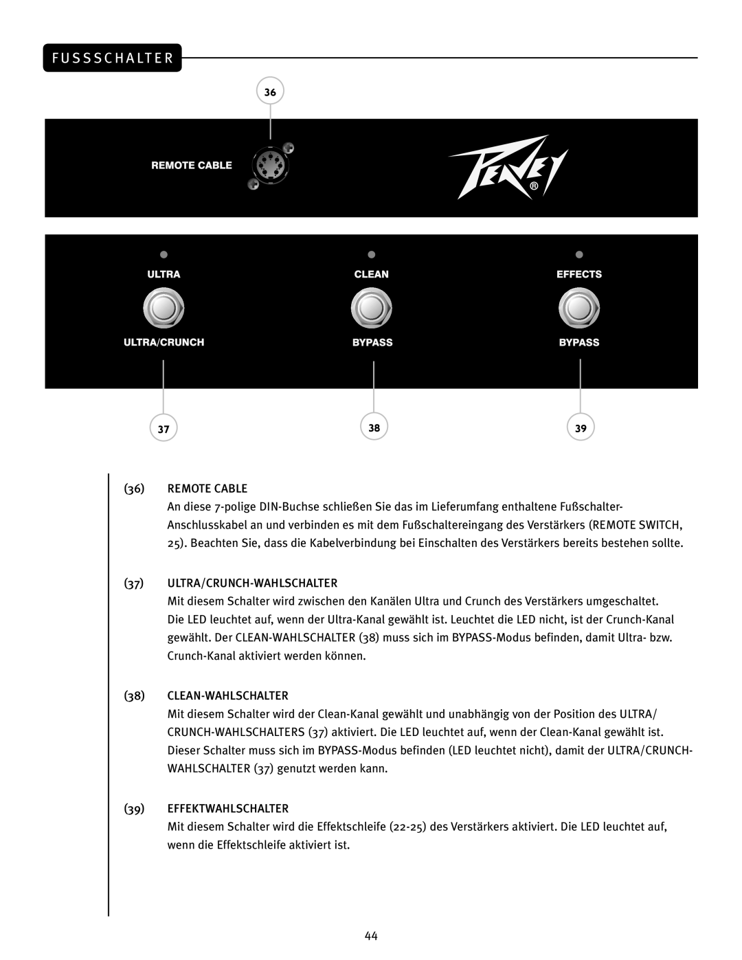 Peavey JSX 212 manual S S S C H a LT E R, Remote Cable, Ultra/Crunch-Wahlschalter, Clean-Wahlschalter, Effektwahlschalter 