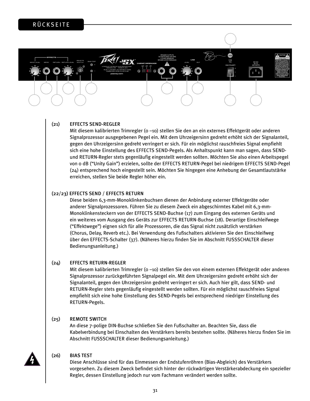 Peavey JSX Joe Satriani Signature All-Tube Amplifier C K S E I T E, Effects SEND-REGLER, Effects RETURN-REGLER, Bias Test 