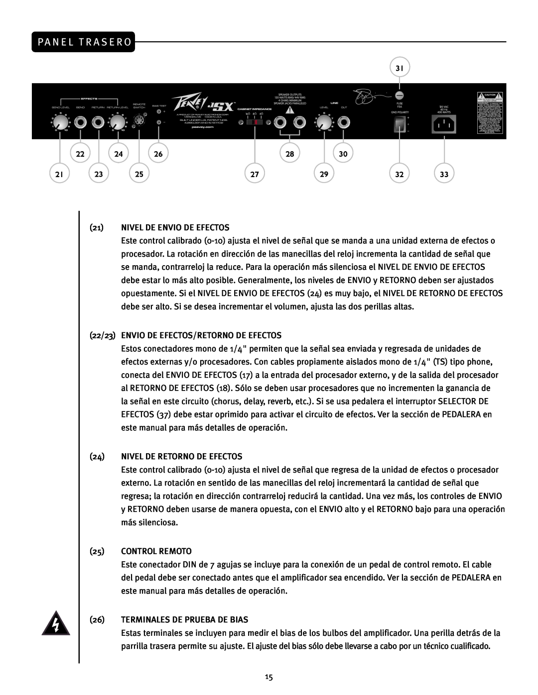 Peavey JSX Joe Satriani Signature All-Tube Amplifier manual Pa N E L T R A S E R O 