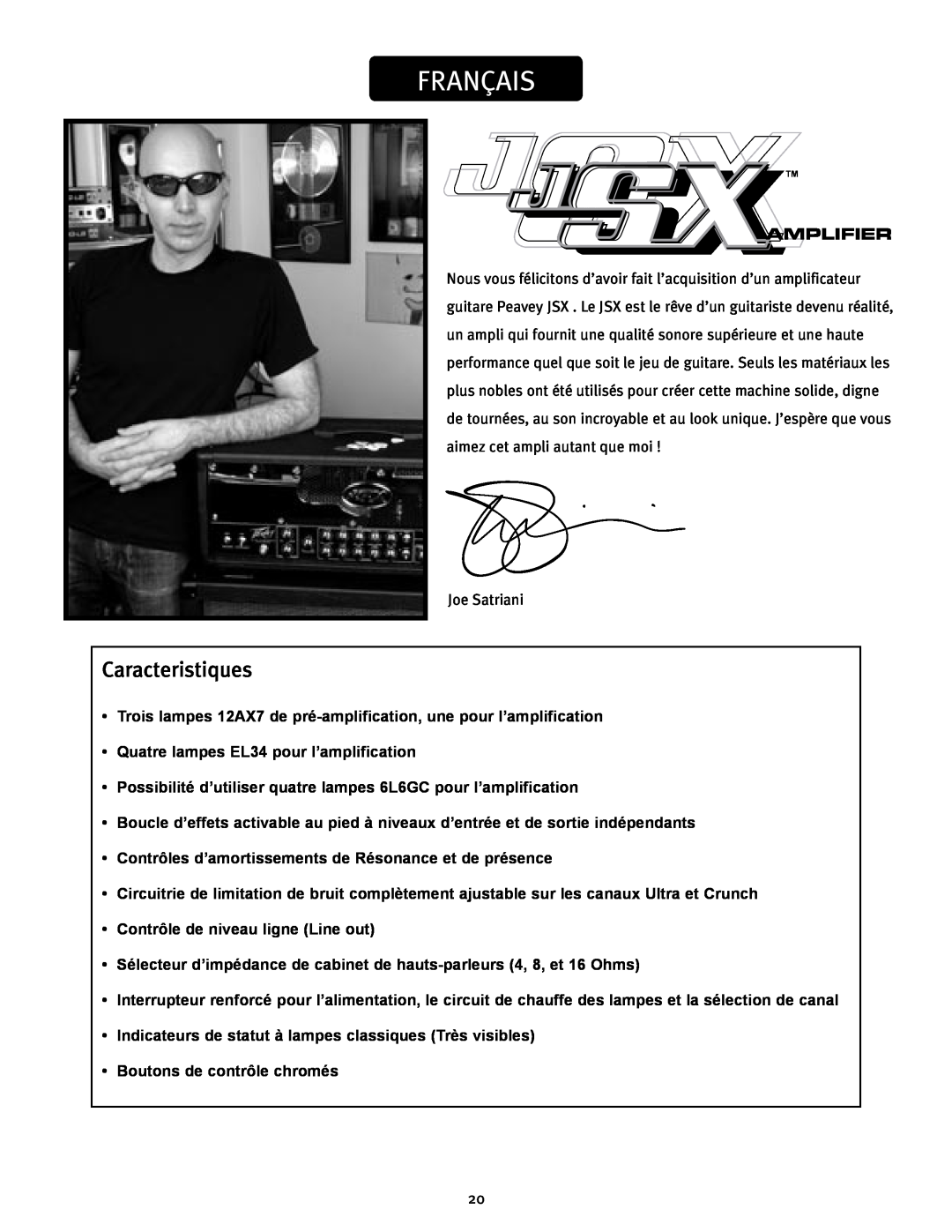 Peavey JSX Joe Satriani Signature All-Tube Amplifier manual Français, Caracteristiques 