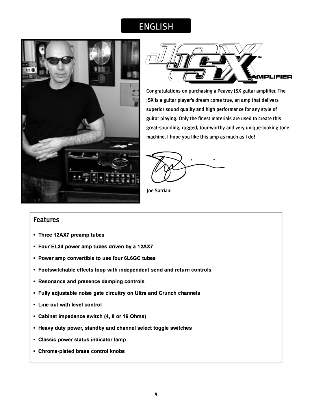 Peavey JSX Joe Satriani Signature All-Tube Amplifier manual English, Features 