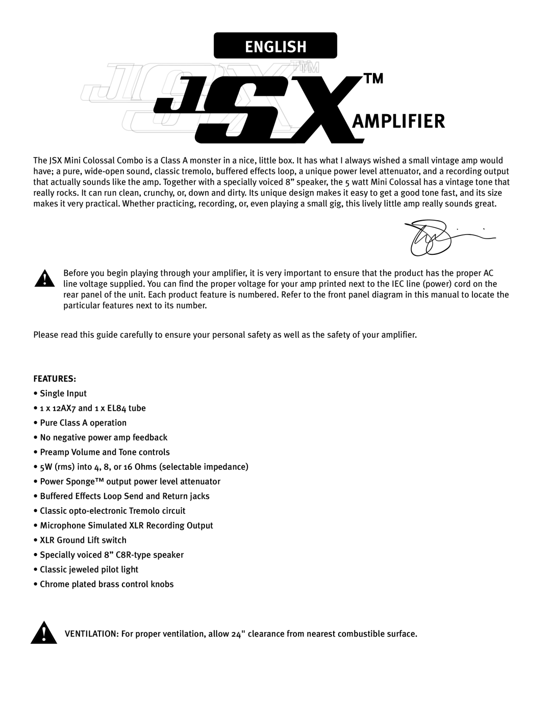 Peavey JSXTM Mini ColossalTM Class A Tube Guitar Amplifier manual Features 