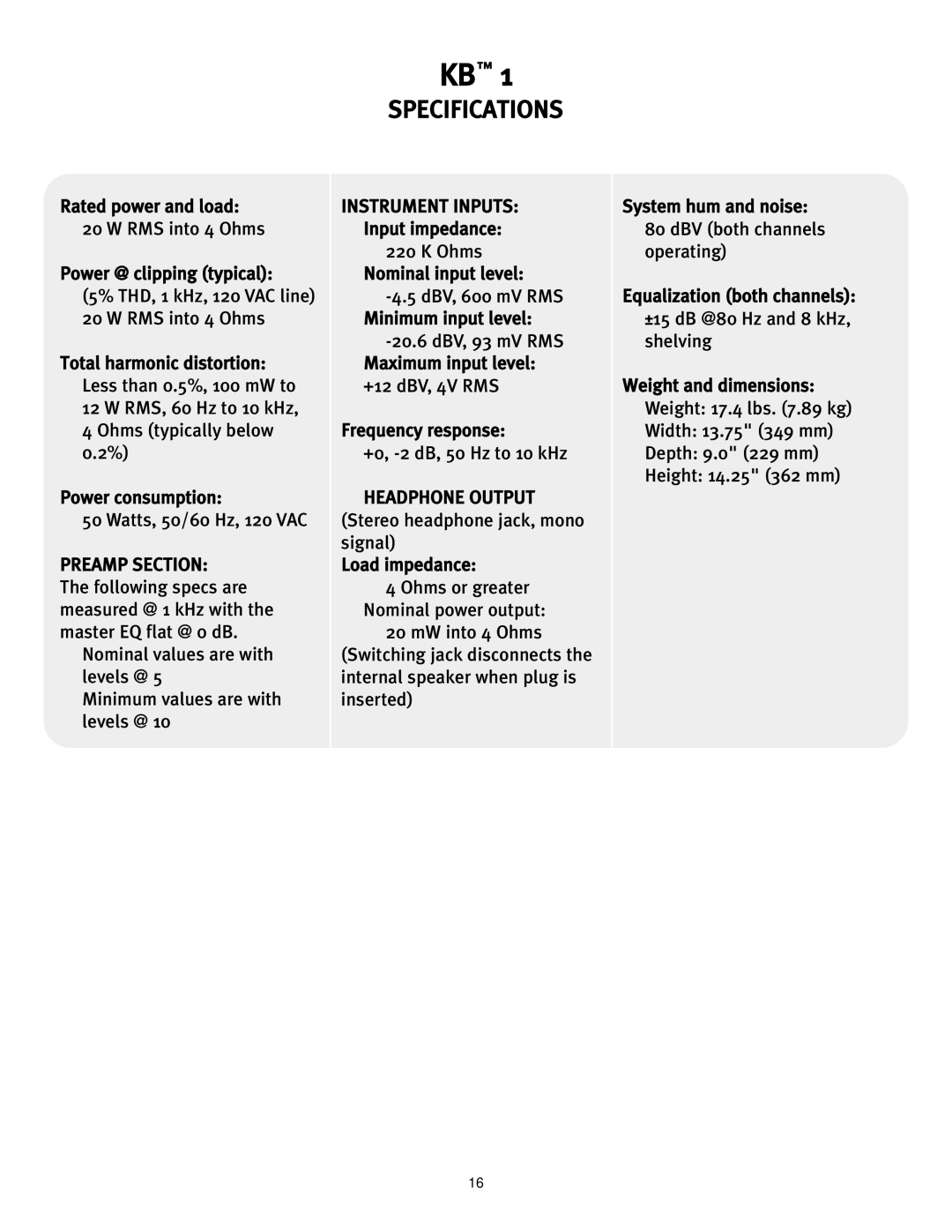 Peavey KB 1, 0280305057 manual Specifications 