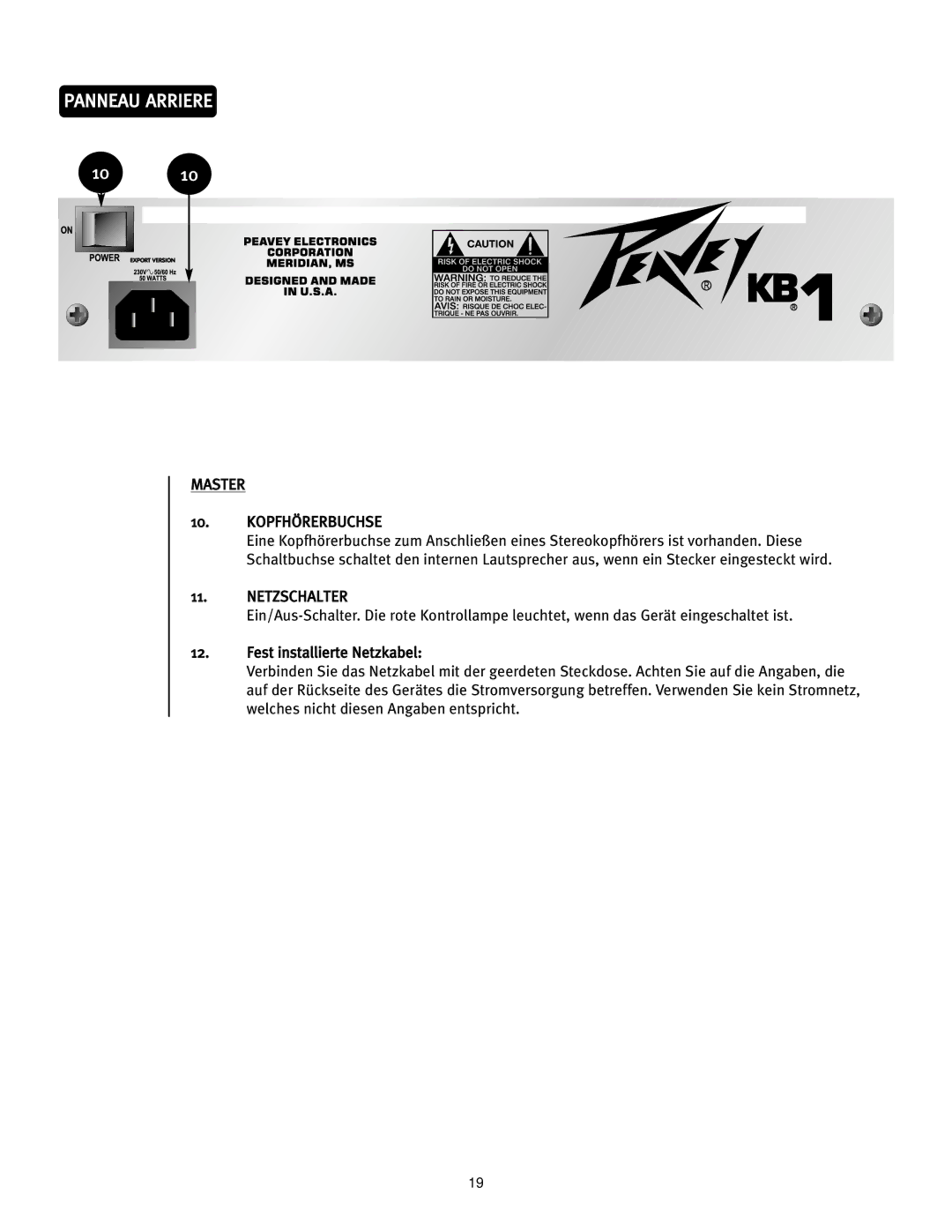 Peavey 0280305057, KB 1 manual Panneau Arriere, Master Kopfhörerbuchse, Netzschalter 