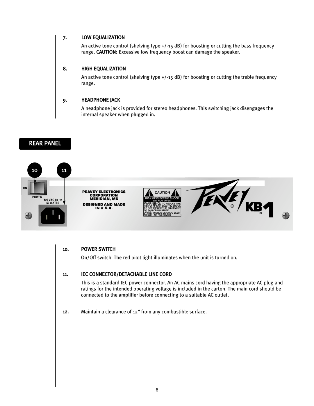 Peavey KB 1, 0280305057 manual Rear Panel, Headphone Jack, Power Switch, IEC CONNECTOR/DETACHABLE Line Cord 