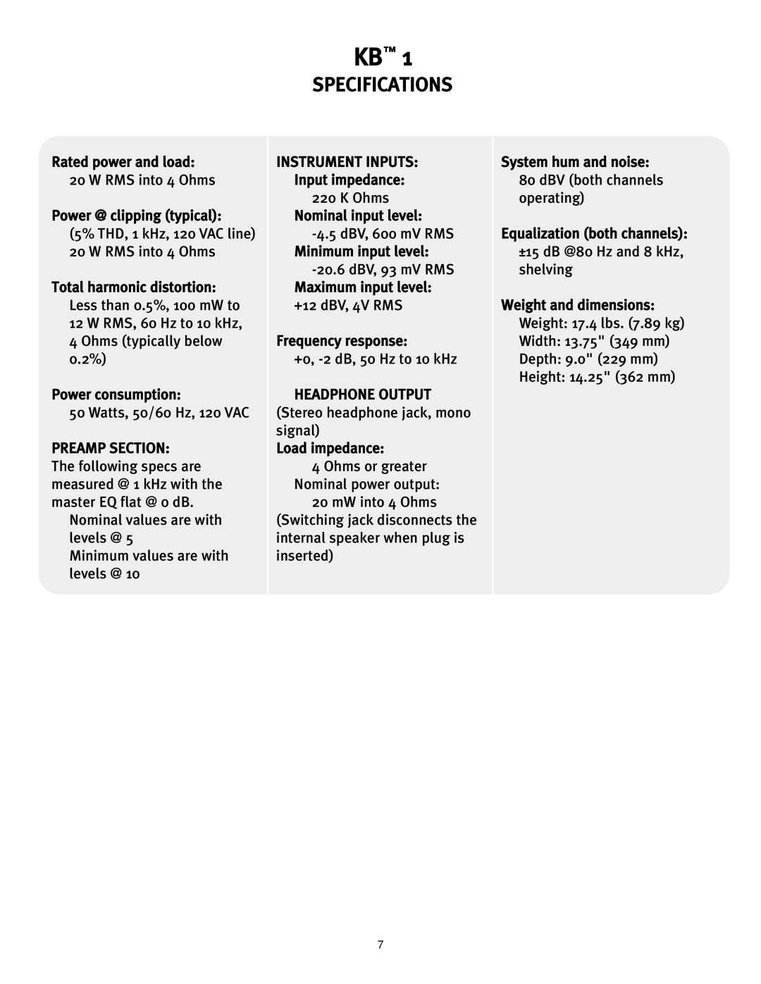 Peavey 0280305057, KB 1 manual Specifications 