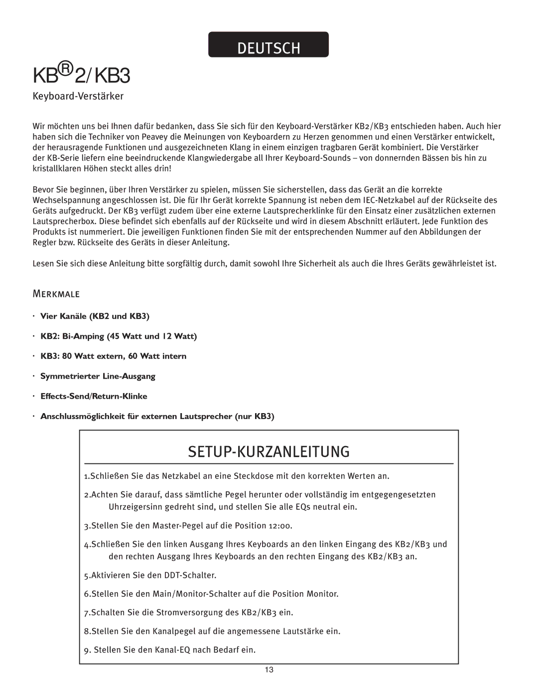 Peavey KB2/KB3 owner manual Setup-Kurzanleitung, Keyboard-Verstärker, Merkmale 