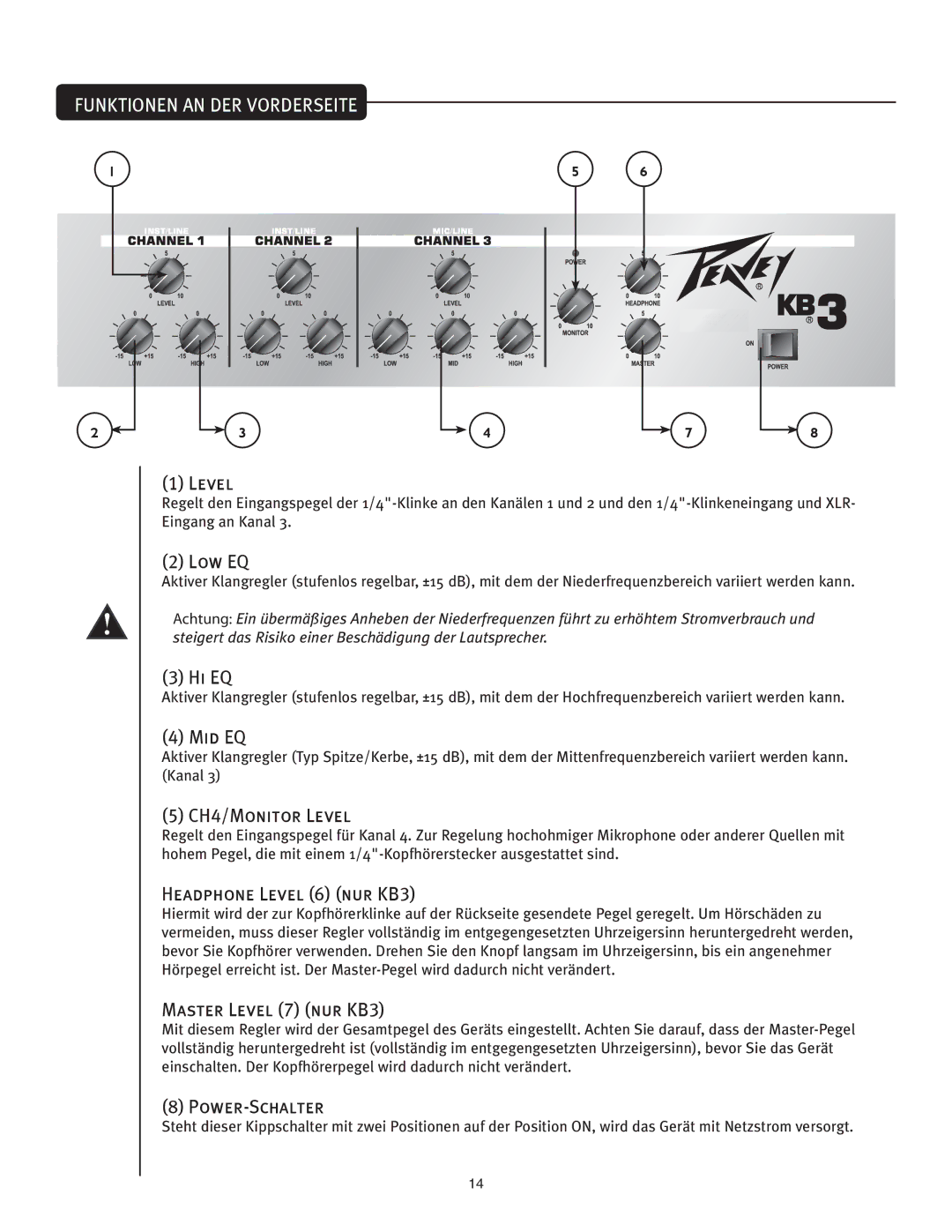 Peavey KB2/KB3 owner manual Headphone Level 6 NUR KB3, Master Level 7 NUR KB3, Power-Schalter 