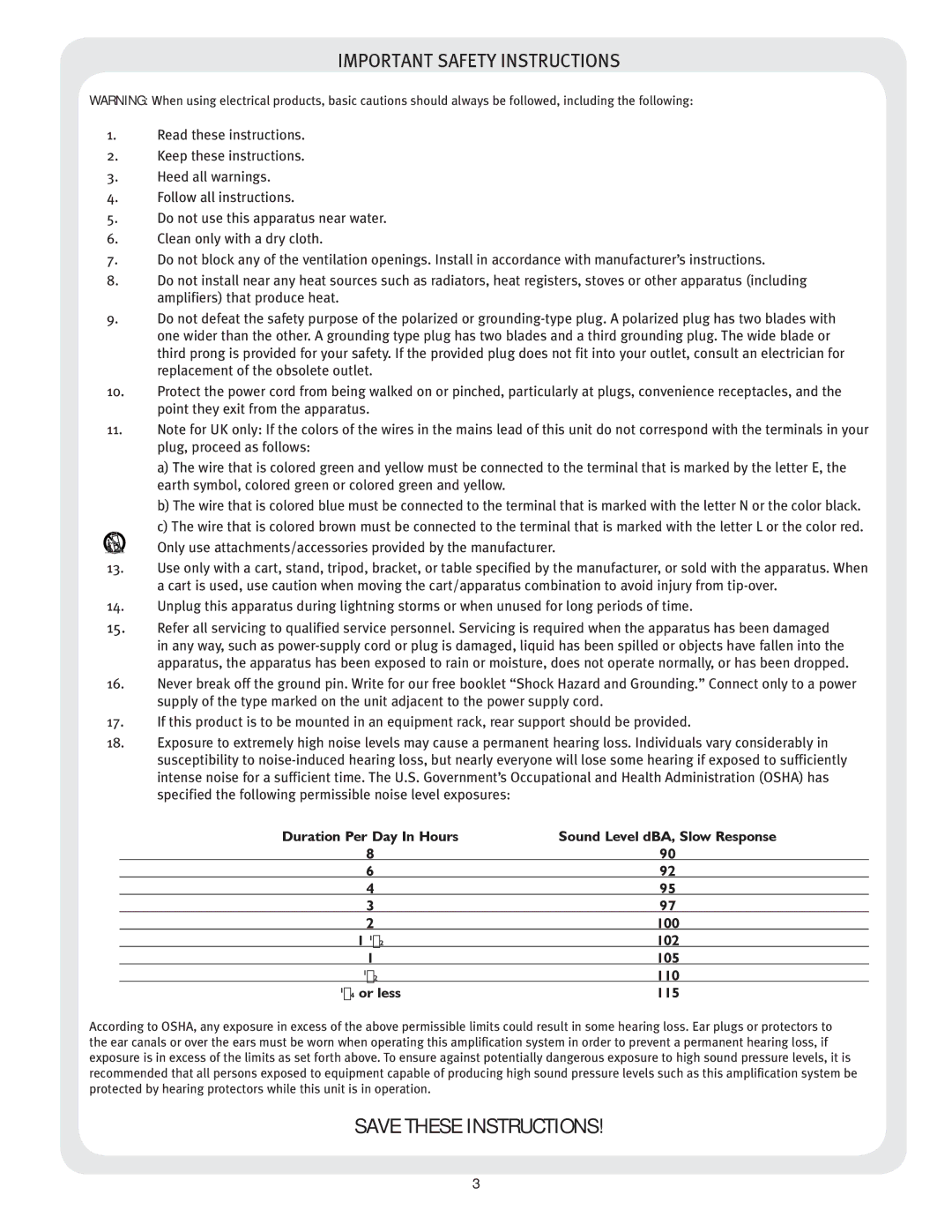 Peavey KB2/KB3 owner manual Important Safety Instructions 